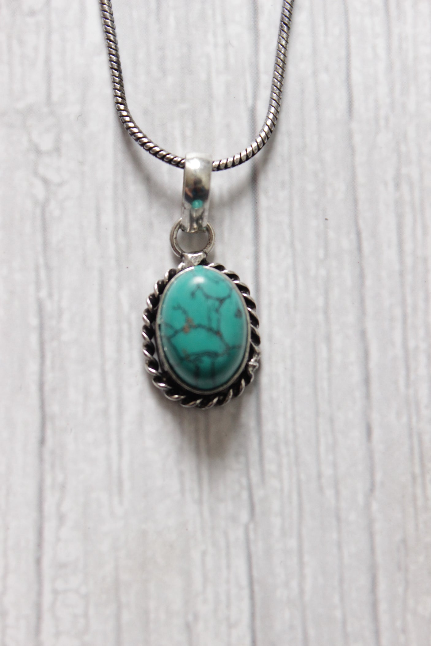 Set of 2 - Turquoise Natural Stone Embedded Necklace Set in Silver Finish with Ring
