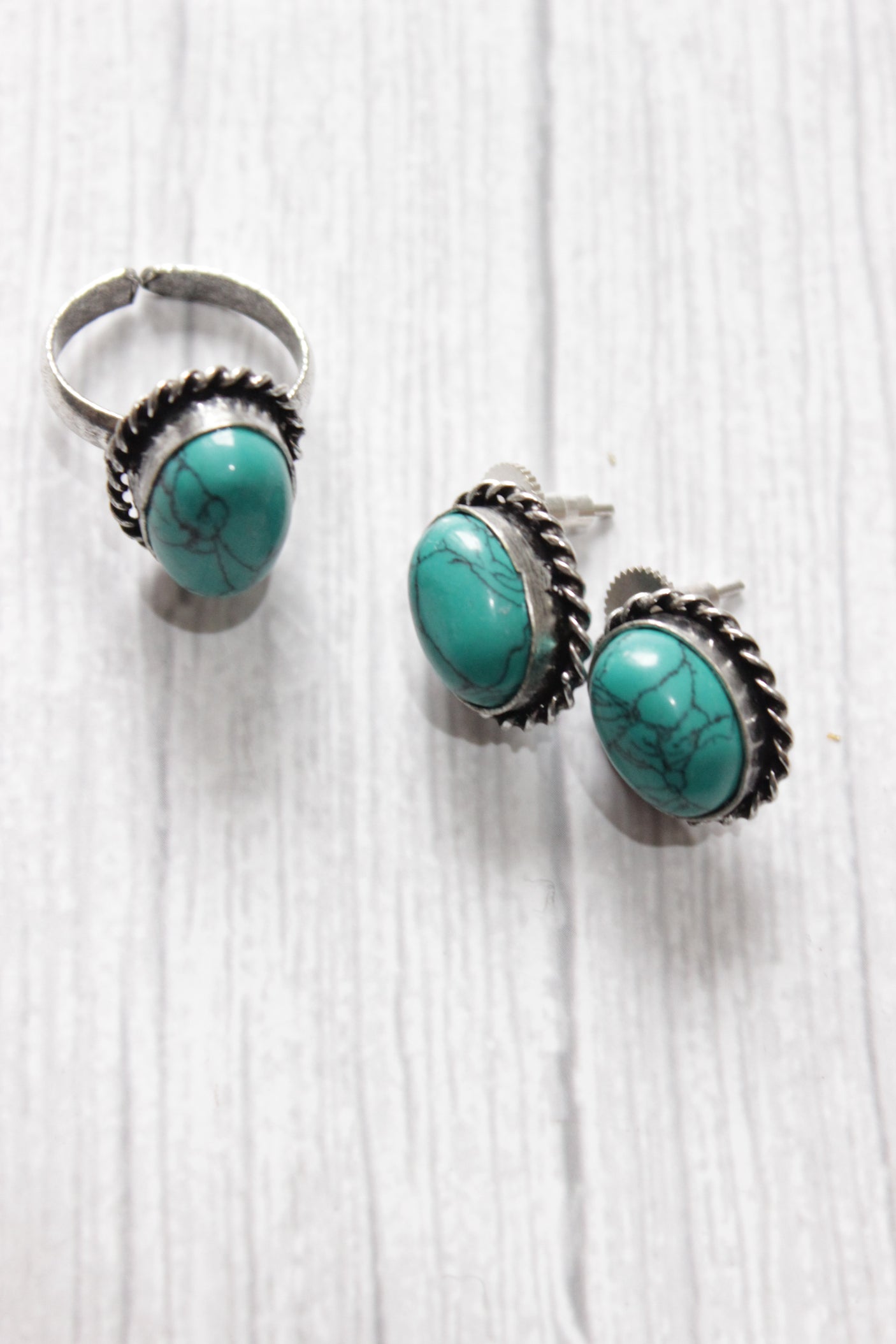 Set of 2 - Turquoise Natural Stone Embedded Necklace Set in Silver Finish with Ring