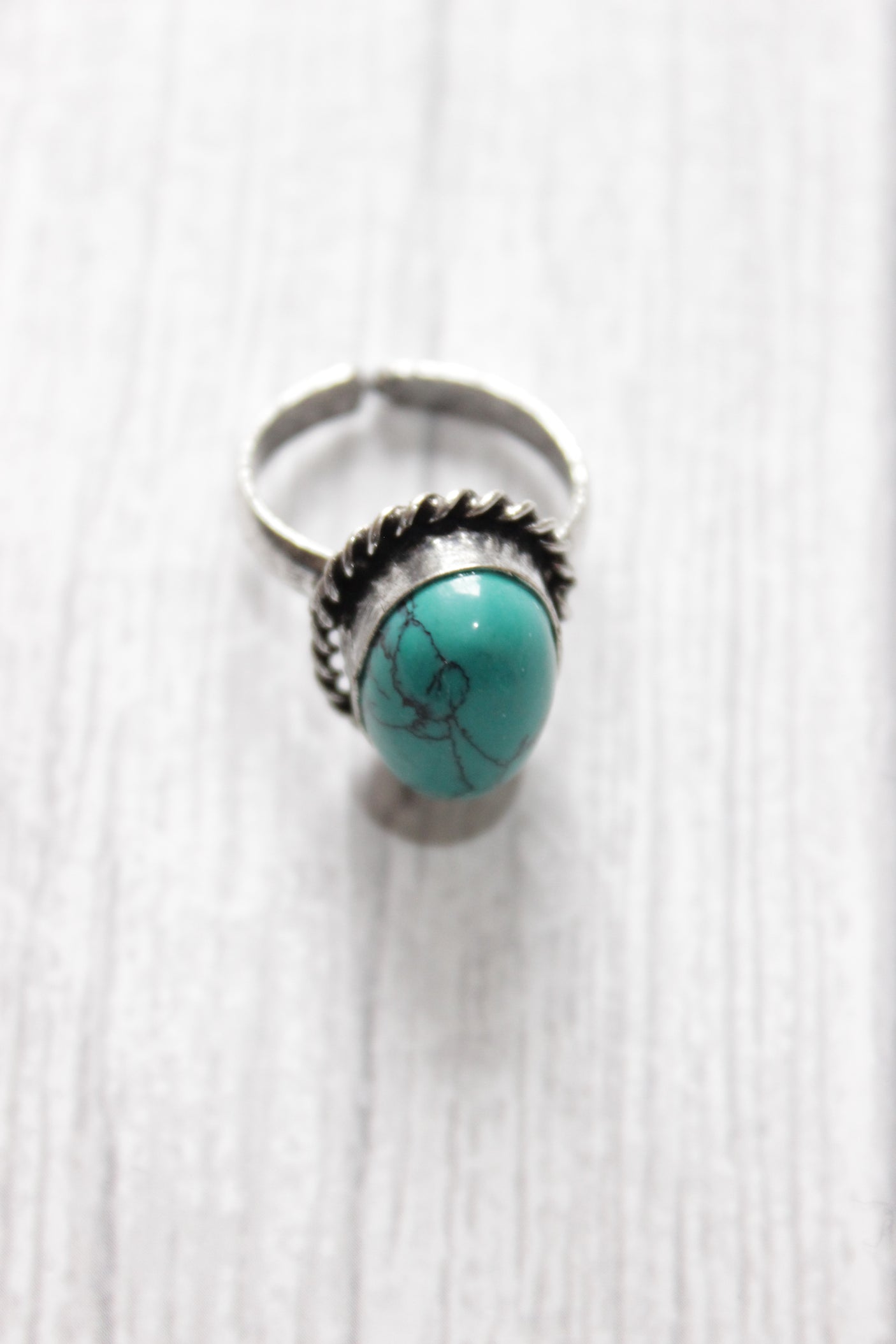 Set of 2 - Turquoise Natural Stone Embedded Necklace Set in Silver Finish with Ring