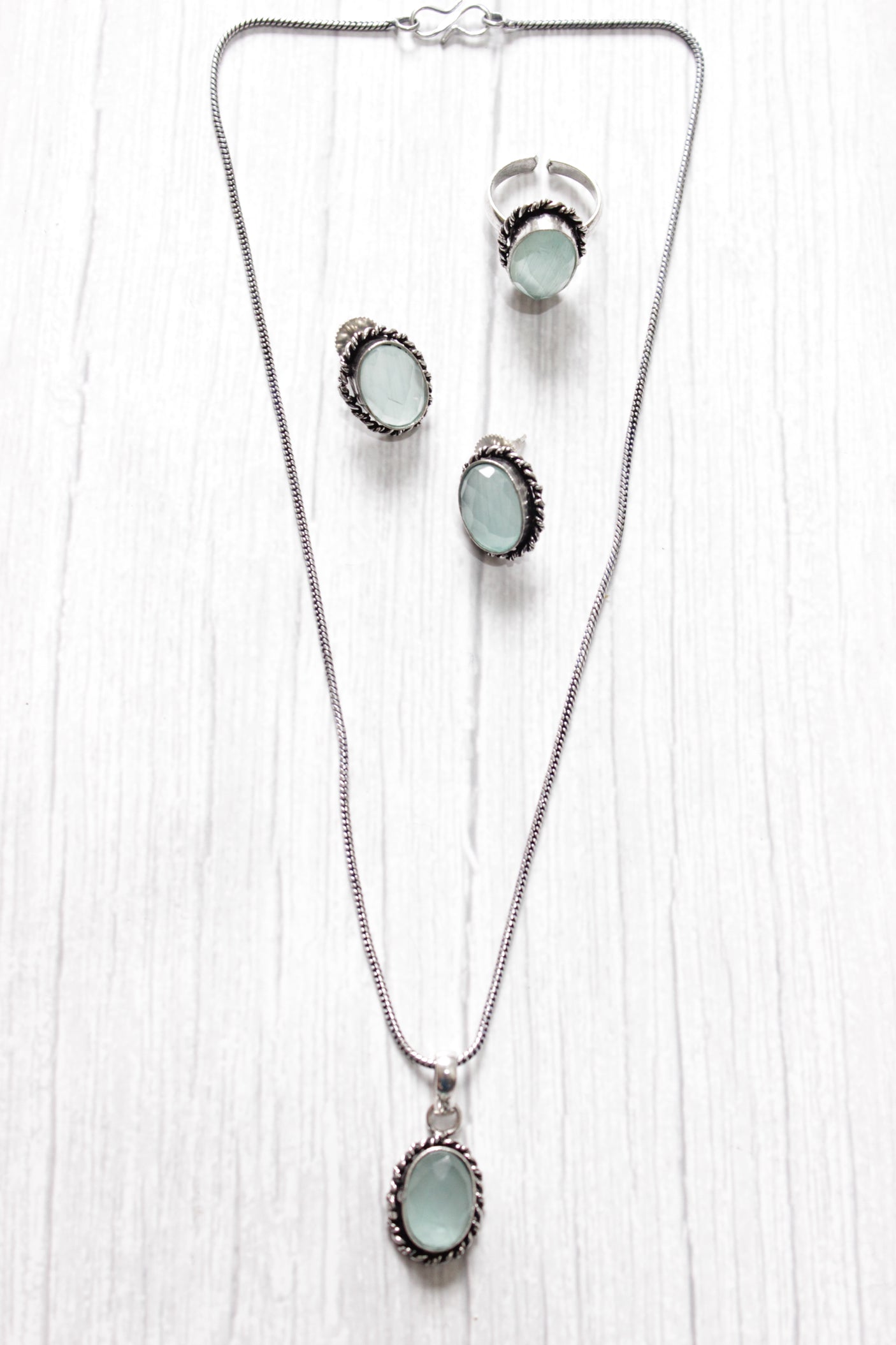Set of 2 - Sea Blue Transparent Natural Stone Embedded Necklace Set in Silver Finish with Ring