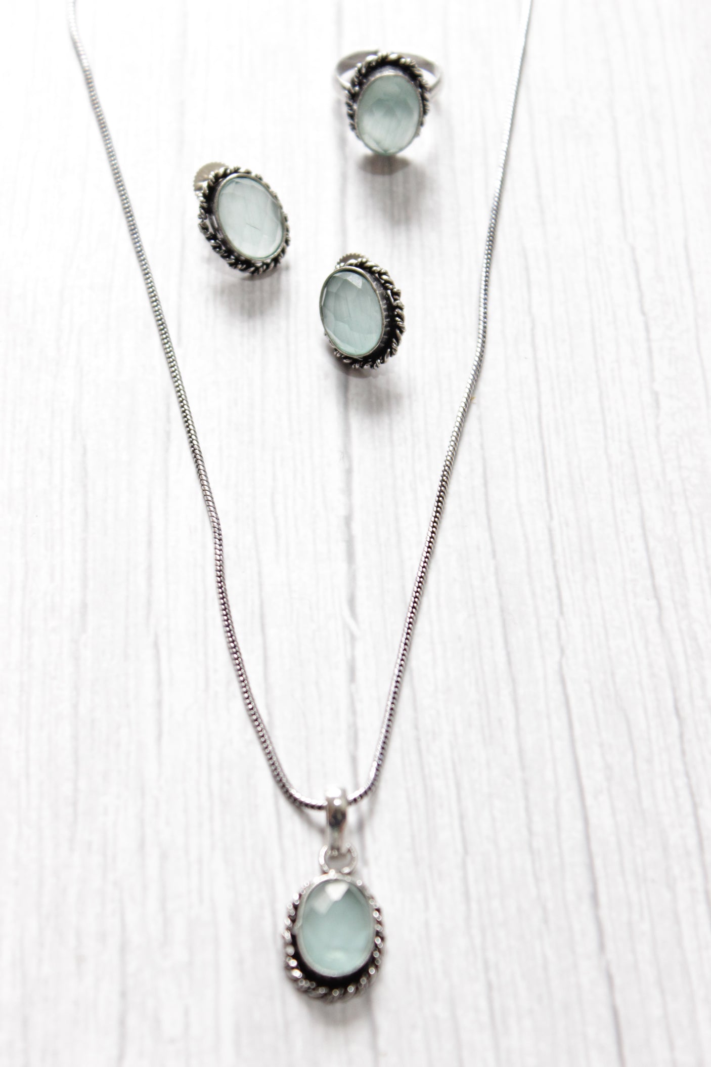 Set of 2 - Sea Blue Transparent Natural Stone Embedded Necklace Set in Silver Finish with Ring