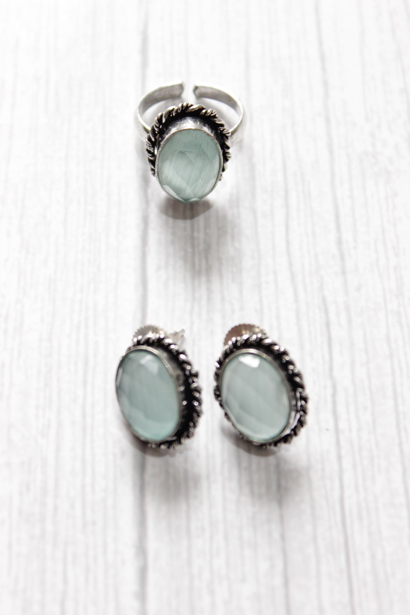 Set of 2 - Sea Blue Transparent Natural Stone Embedded Necklace Set in Silver Finish with Ring