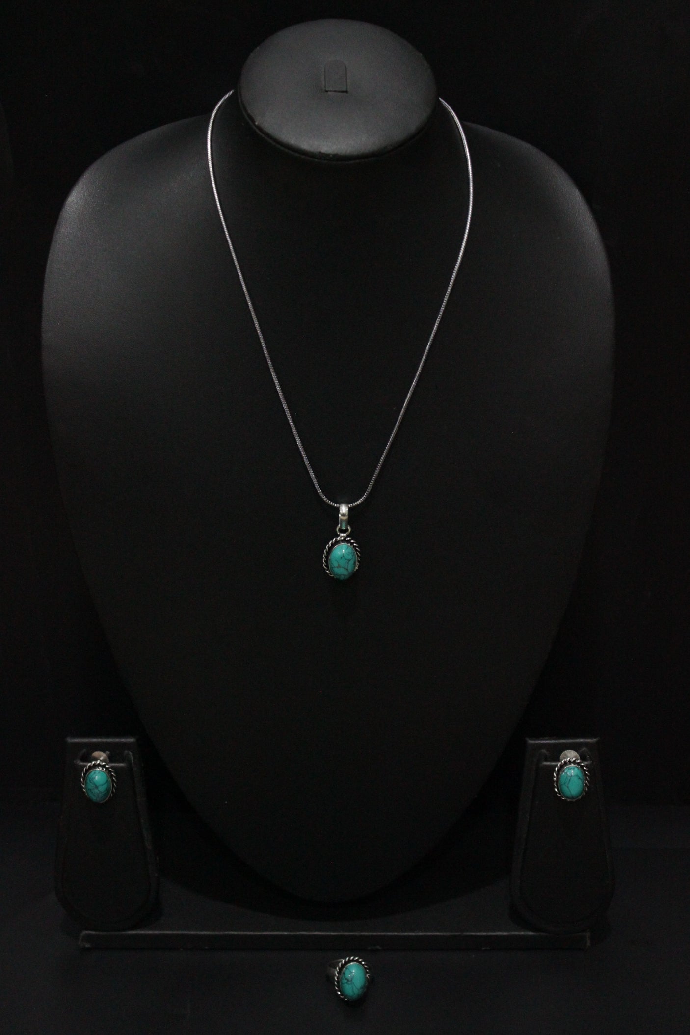 Set of 2 - Turquoise Natural Stone Embedded Necklace Set in Silver Finish with Ring