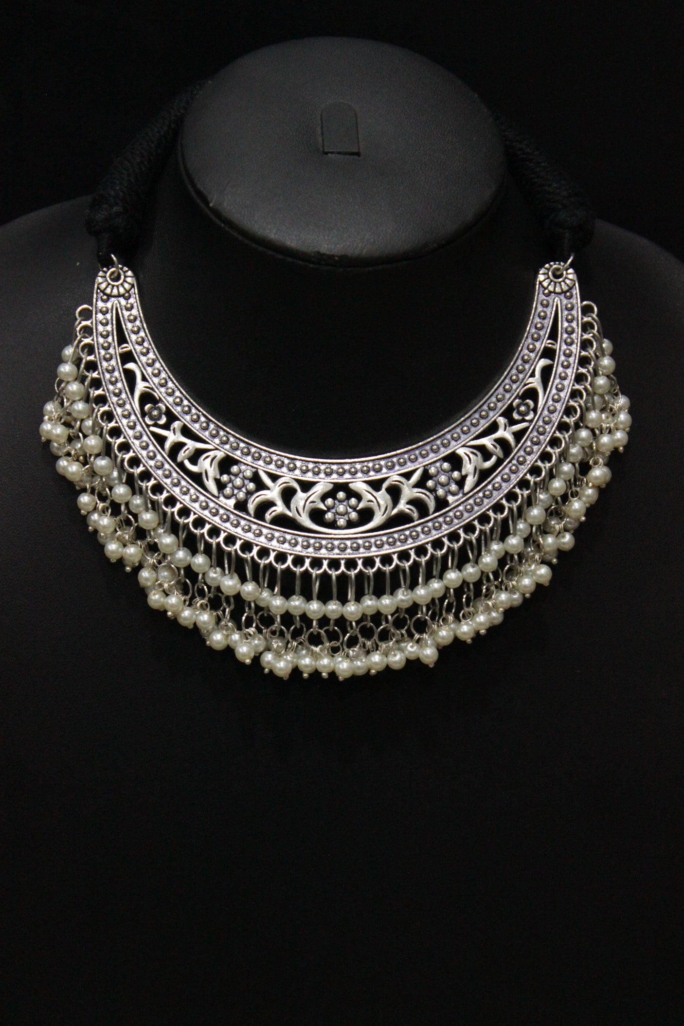 Hasli Style Jali Pattern Half Moon Shaped Choker Necklace with Thread Closure