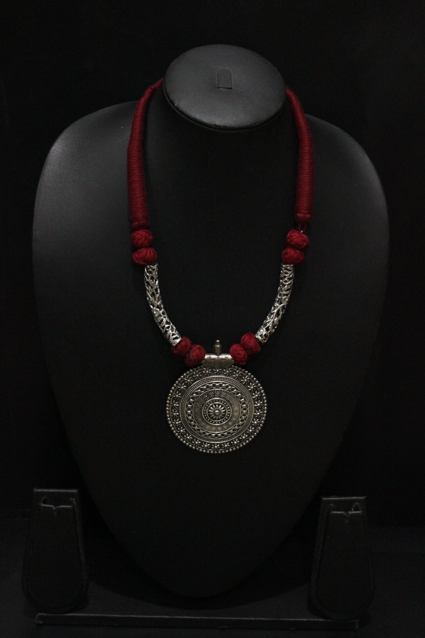 Hasli Style Thread Closure Choker Necklace Set with Statement Circular Metal Pendant