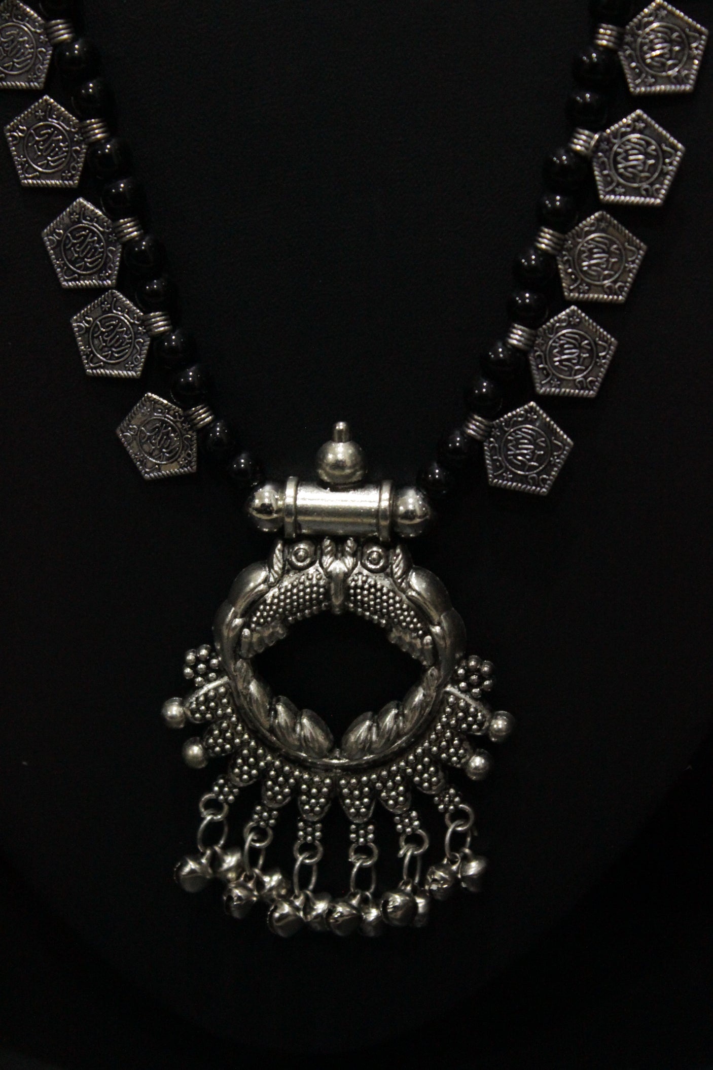 Braided Black Beads and Metal Charms Long Necklace Set