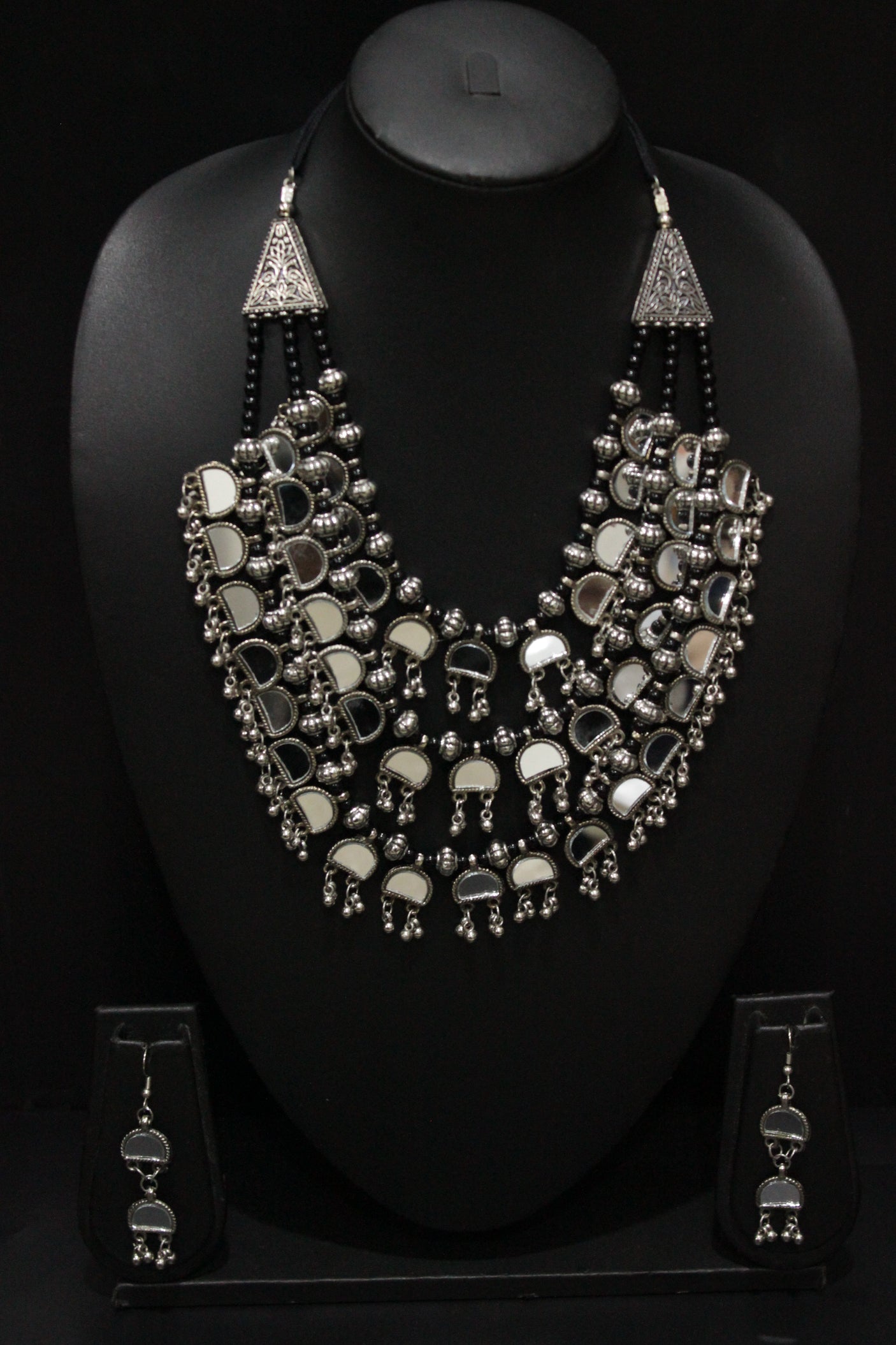 3 Layer Mirror Work Choker Necklace Set with Braided Black Beads