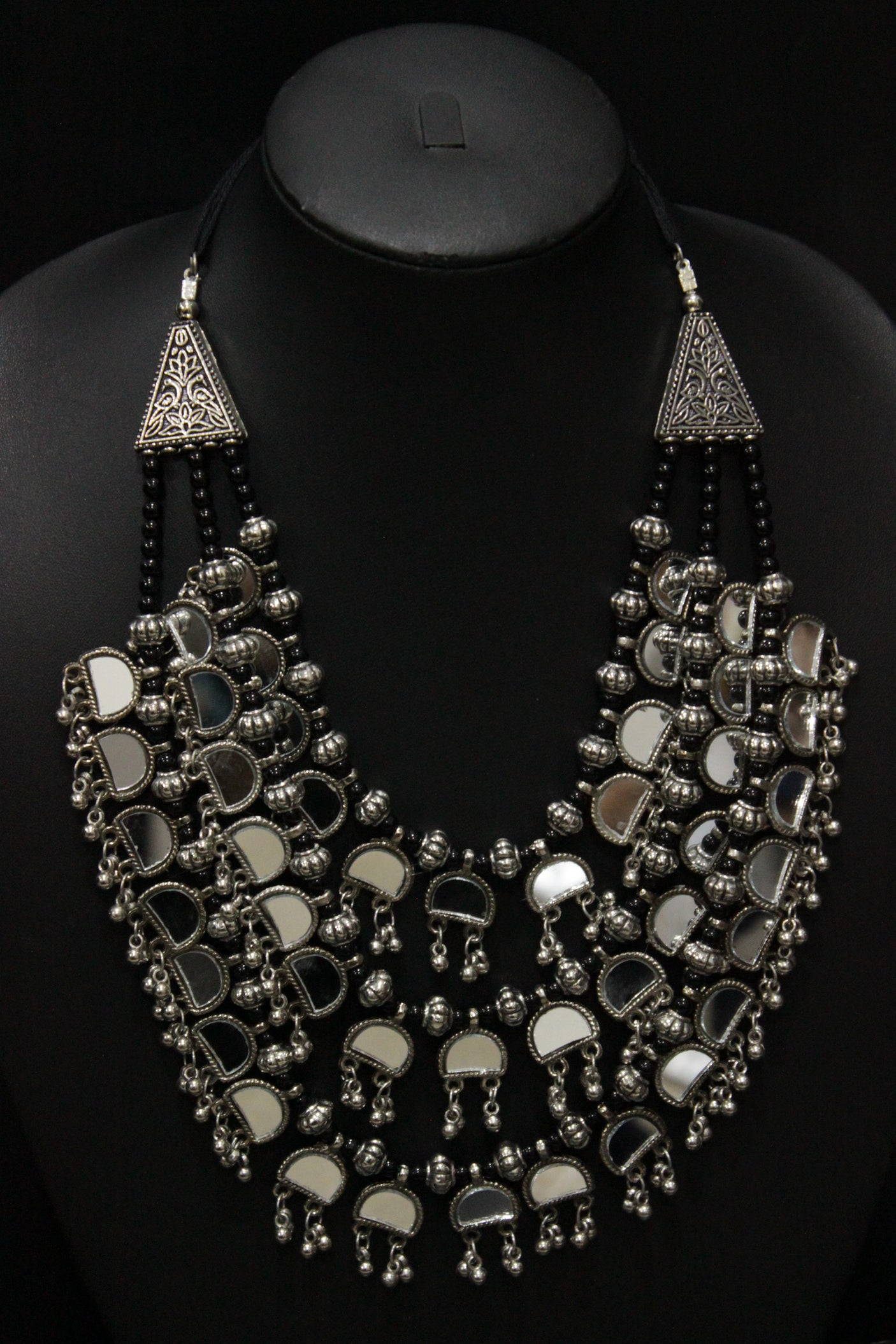 3 Layer Mirror Work Choker Necklace Set with Braided Black Beads