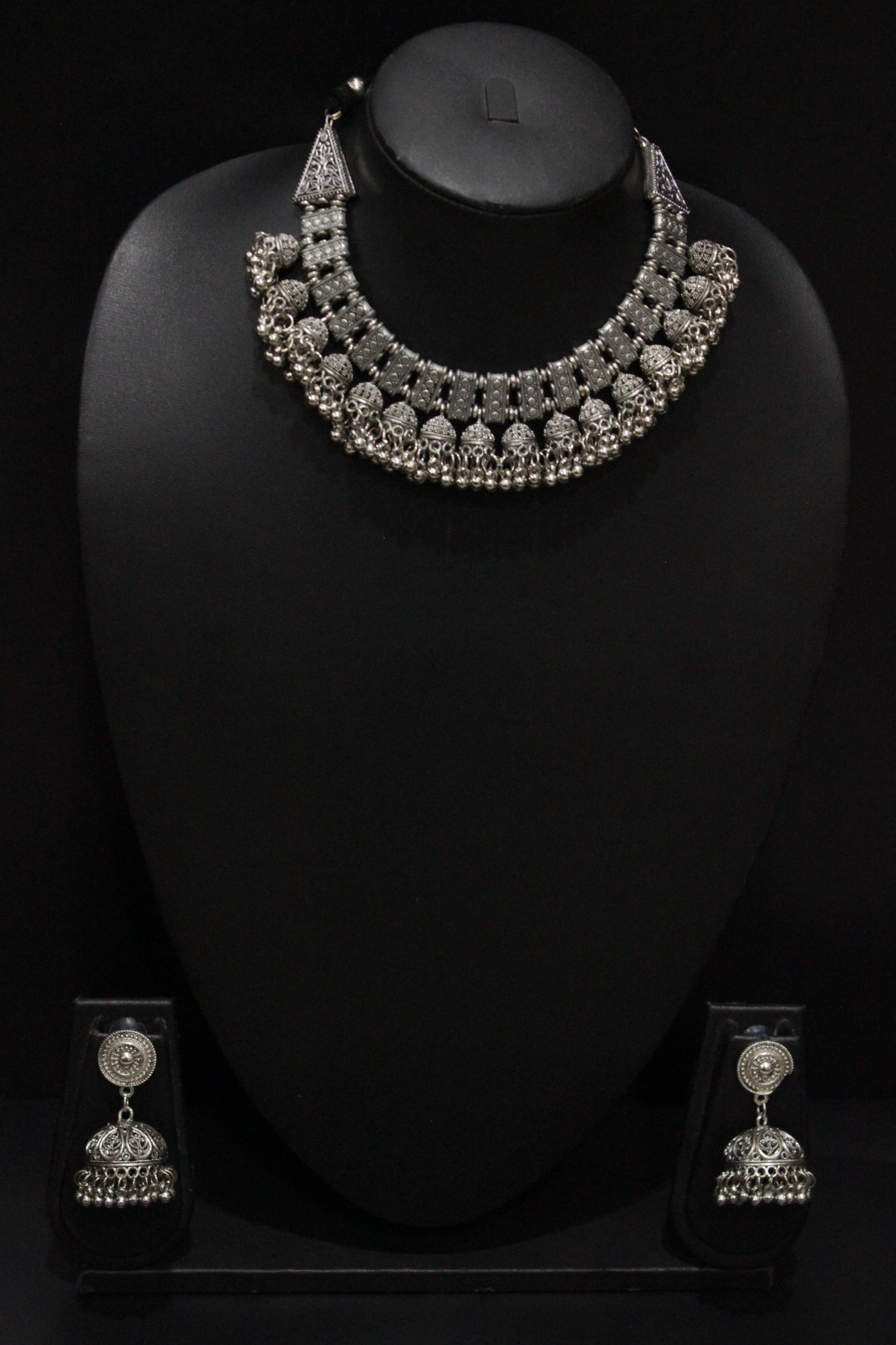 Oxidised Finish Choker Necklace Set Accentuated with Jhumkas