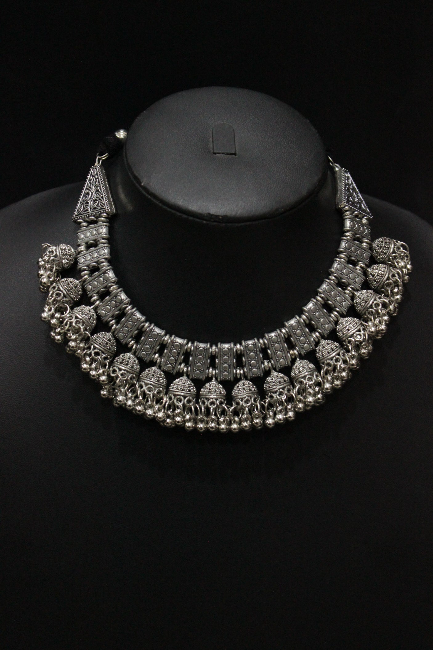 Oxidised Finish Choker Necklace Set Accentuated with Jhumkas