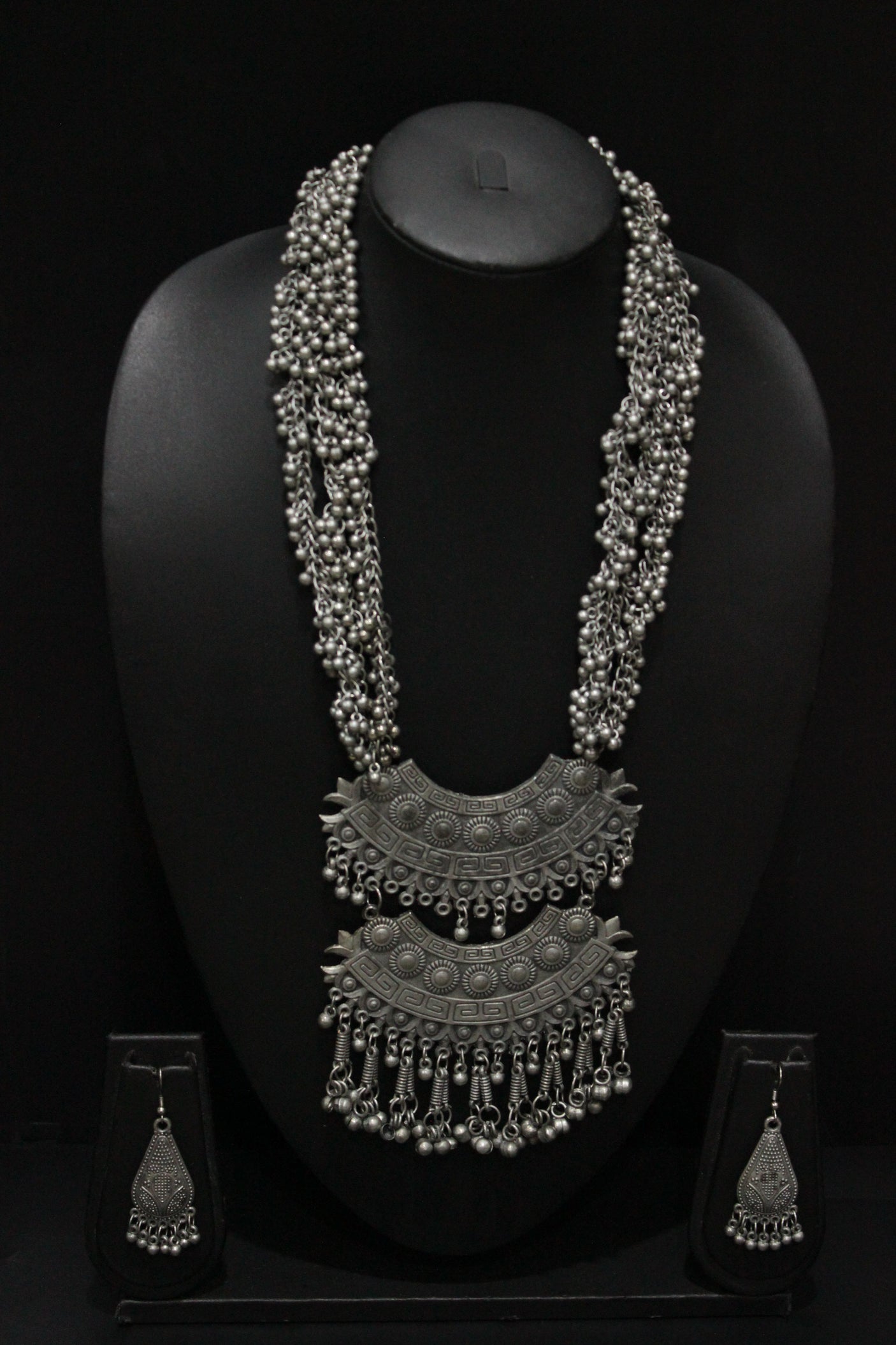 2 Layer Pendant Ghungroo Beads Embellished Oxidised Finish Elaborate Metal Necklace Set