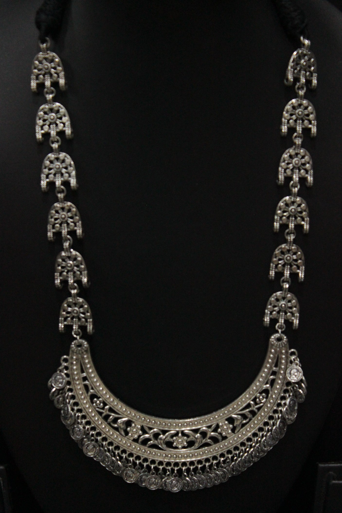 Crescent Moon Shaped Jali Pattern Intricately Detailed Long Necklace Set