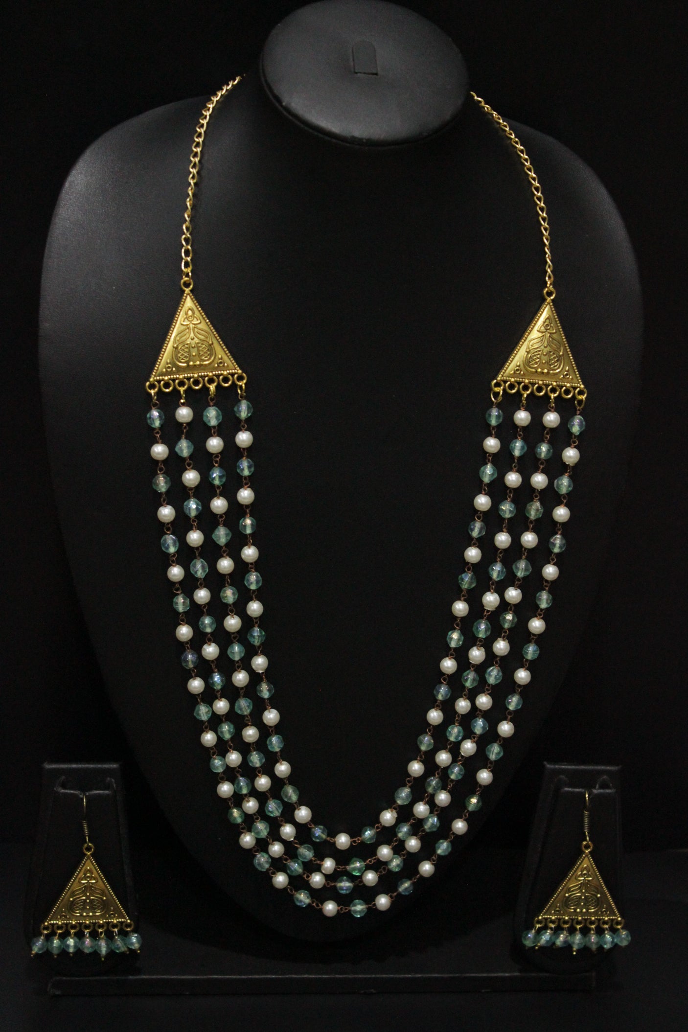 Multi-Layer Blue & White Beads Braided Gold Finish Necklace Set