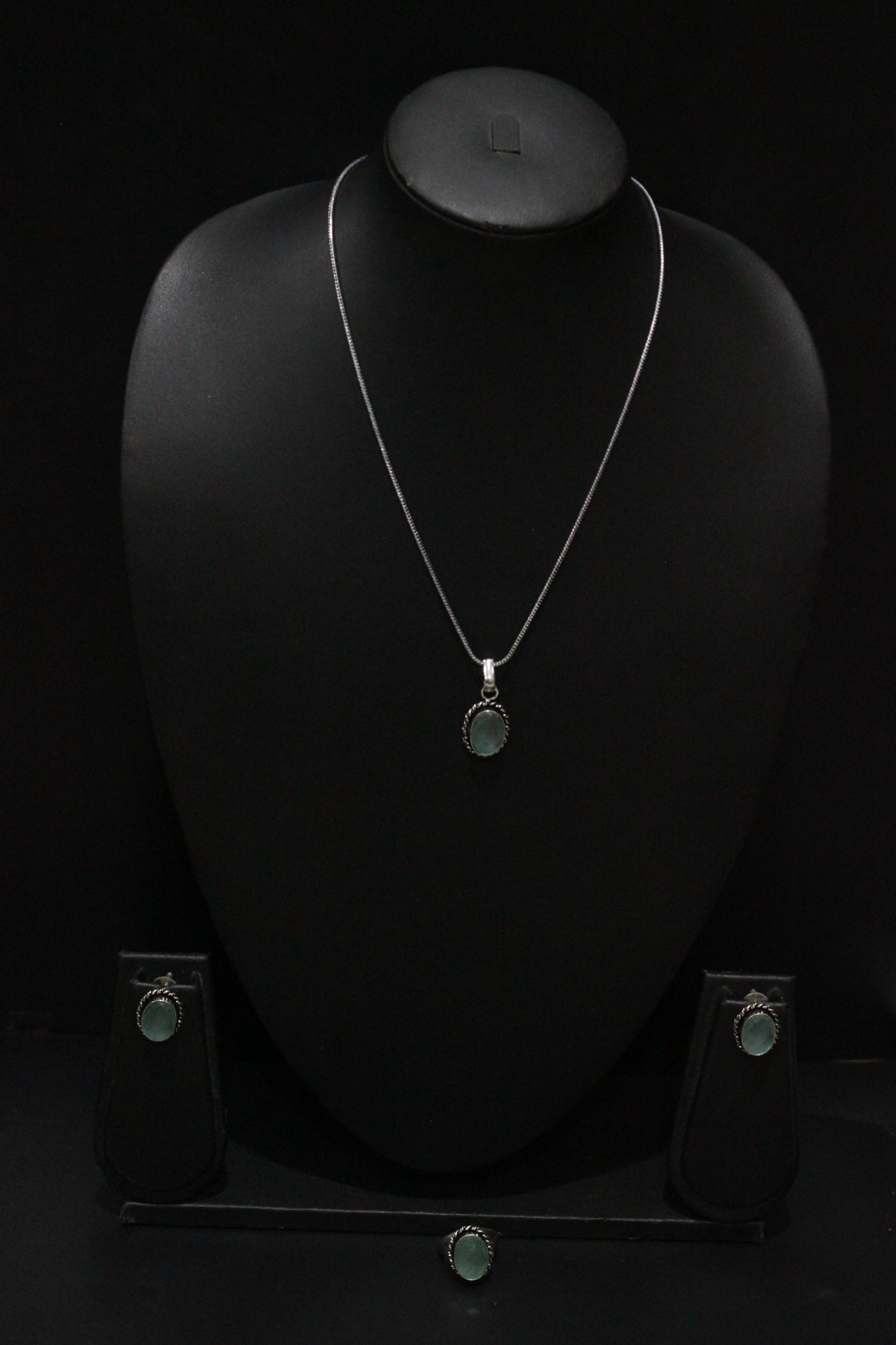 Set of 2 - Sea Blue Transparent Natural Stone Embedded Necklace Set in Silver Finish with Ring