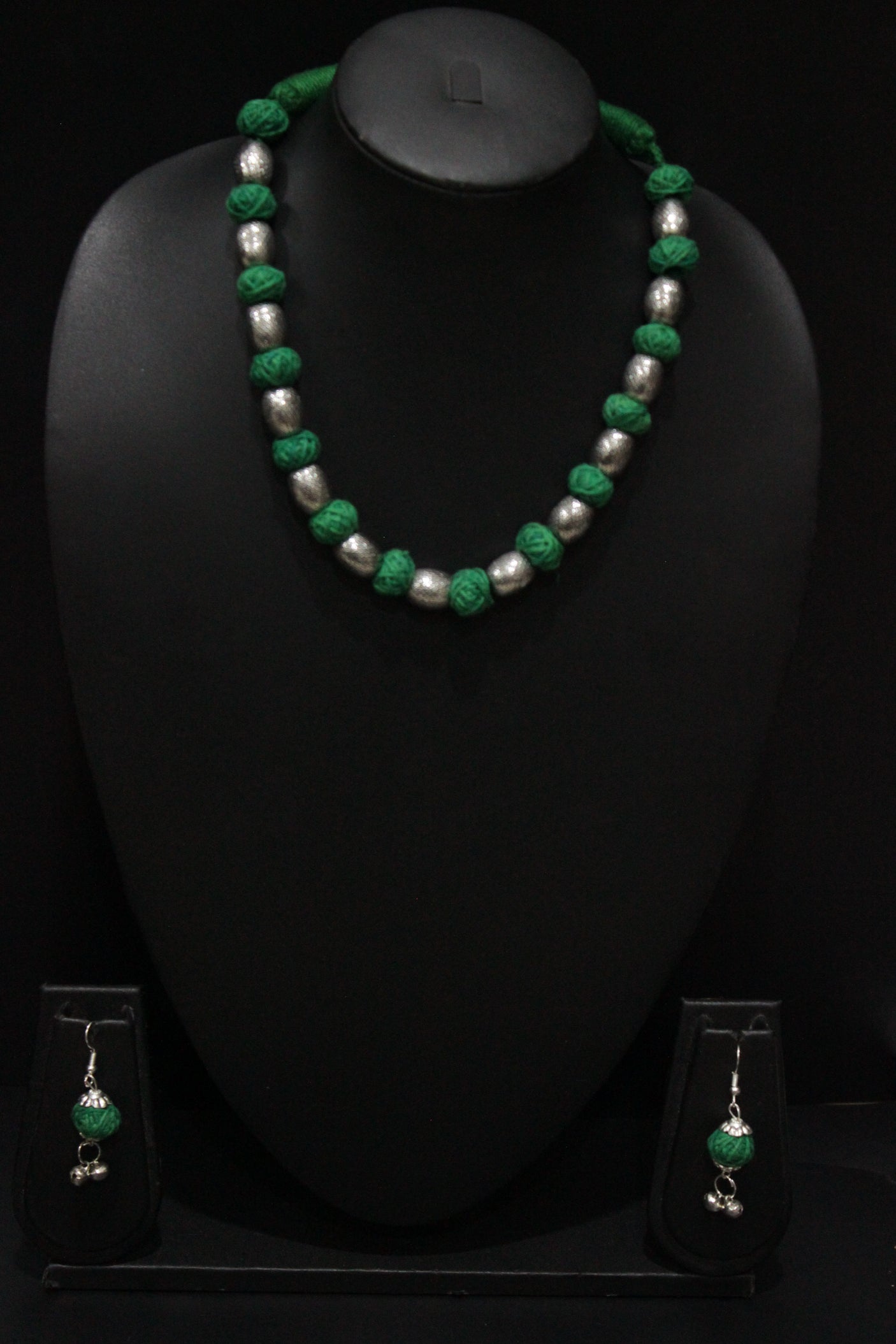 Intertwined Green Fabric Beads and Metal Beads Handcrafted Necklace Set