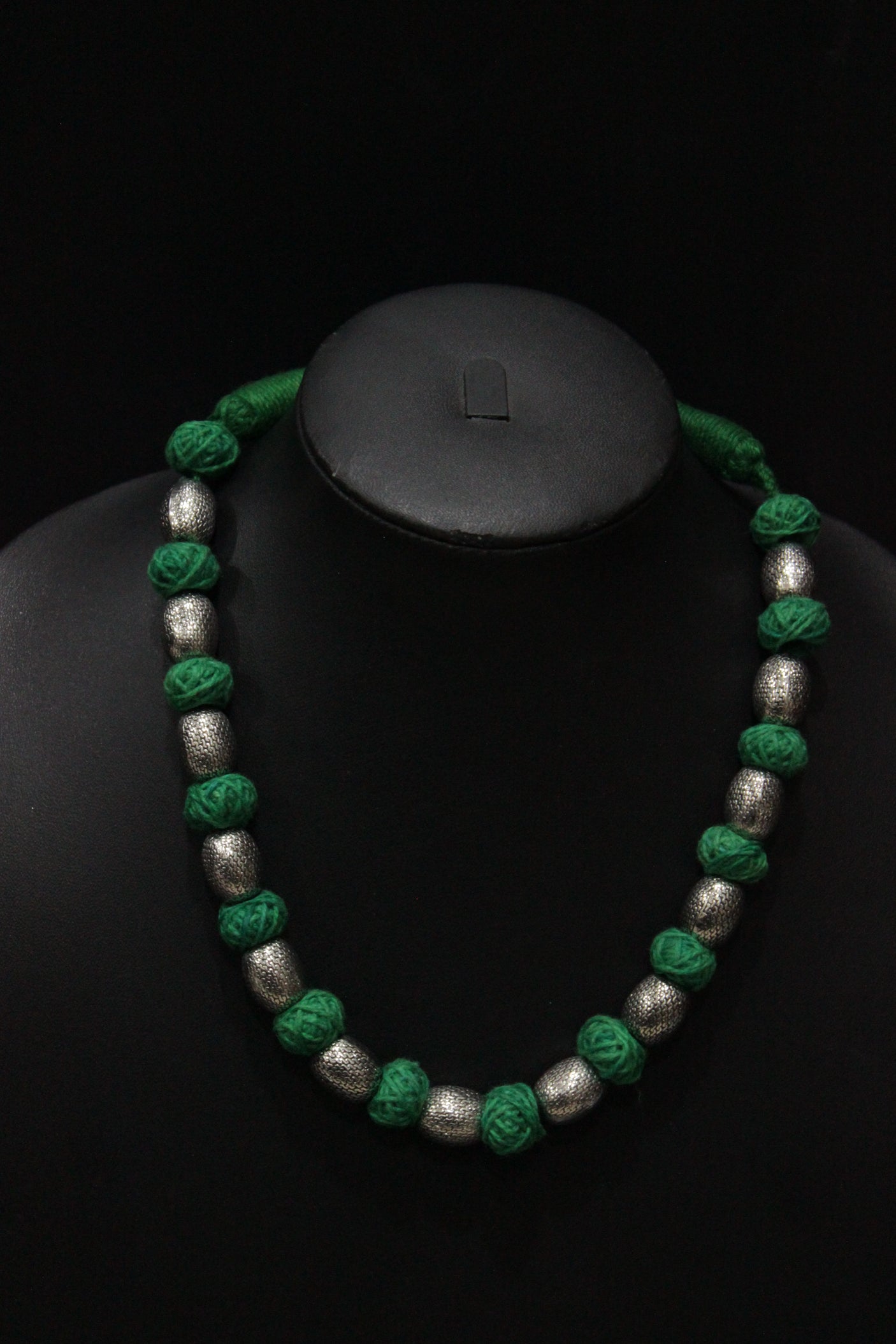 Intertwined Green Fabric Beads and Metal Beads Handcrafted Necklace Set