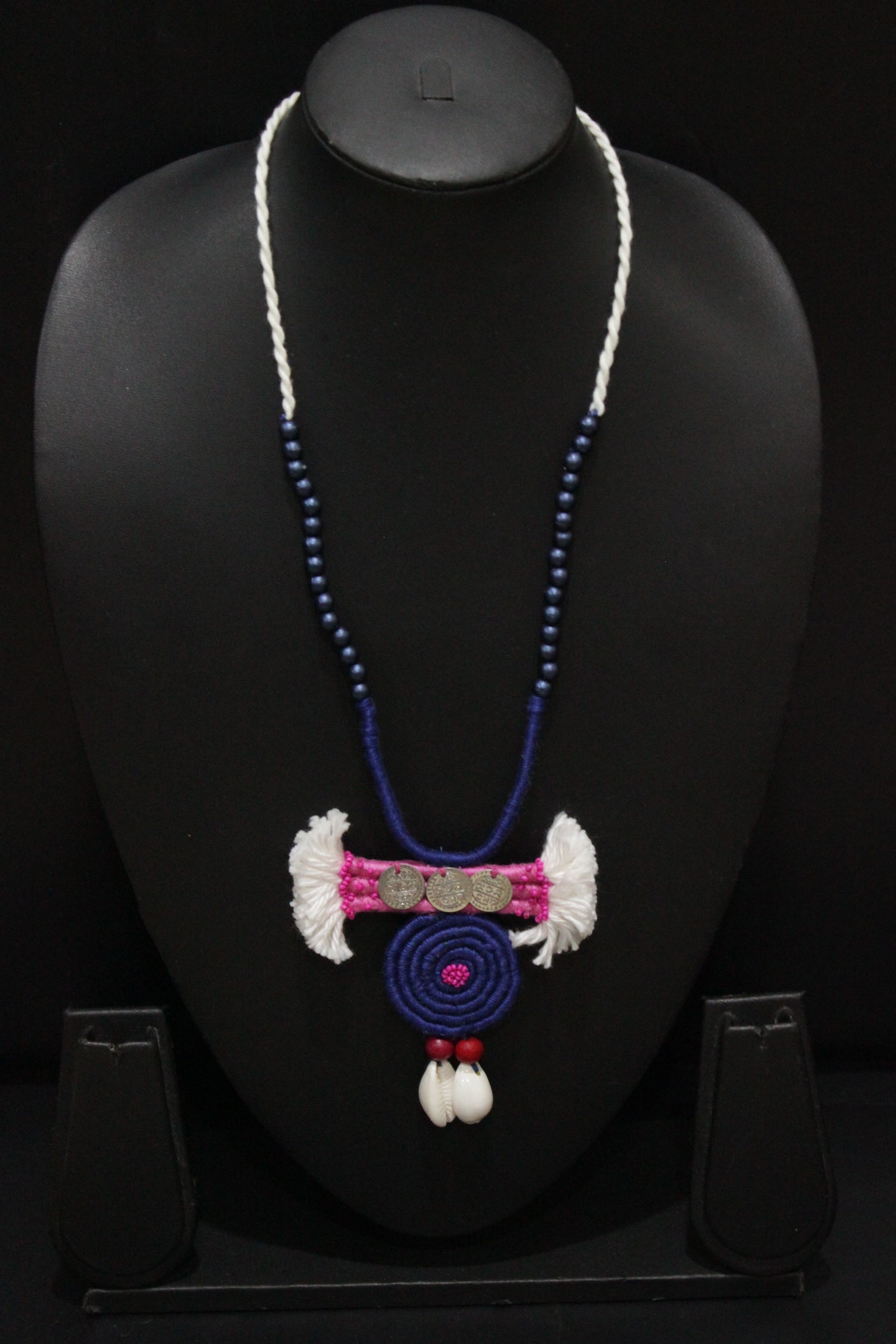 Elegant Handcrafted Fabric & Rope Necklace Embellished with Glass Beads and Shells