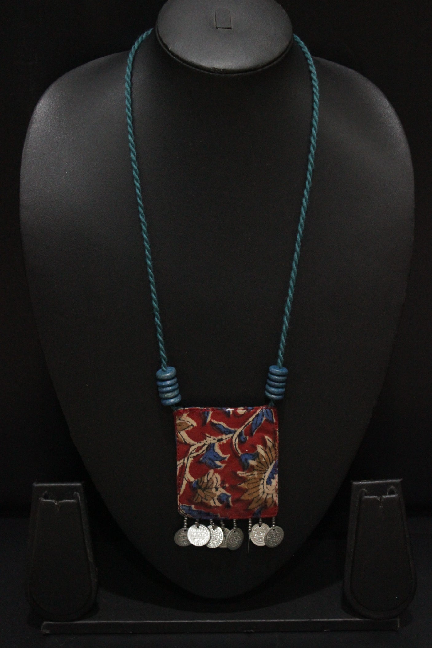 Kantha Work Kalamkari Fabric Handcrafted Necklace Embellished with Stamped Coins