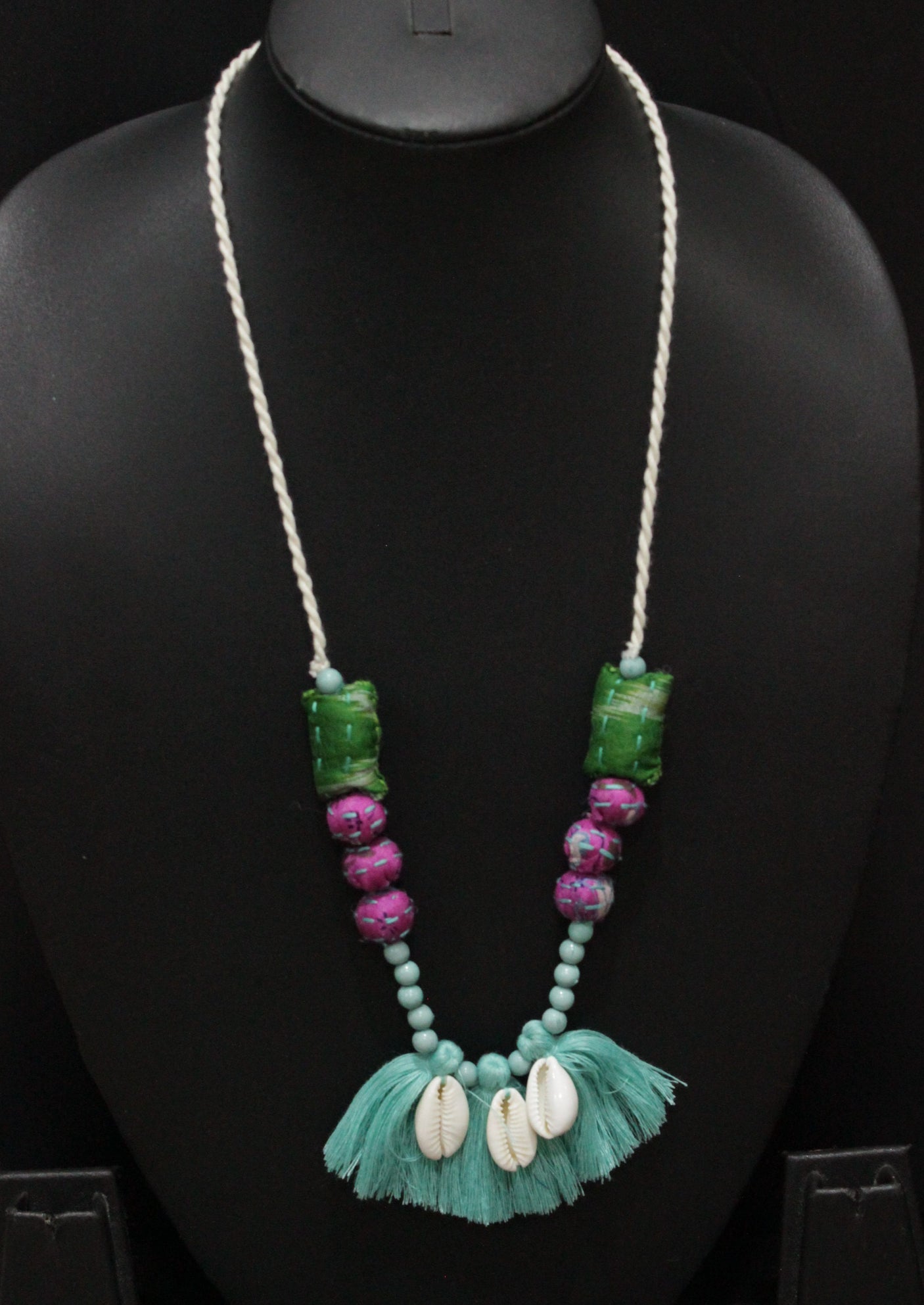 Handcrafted Kantha Work Multi-Color Fabric Necklace Embellished with Shells