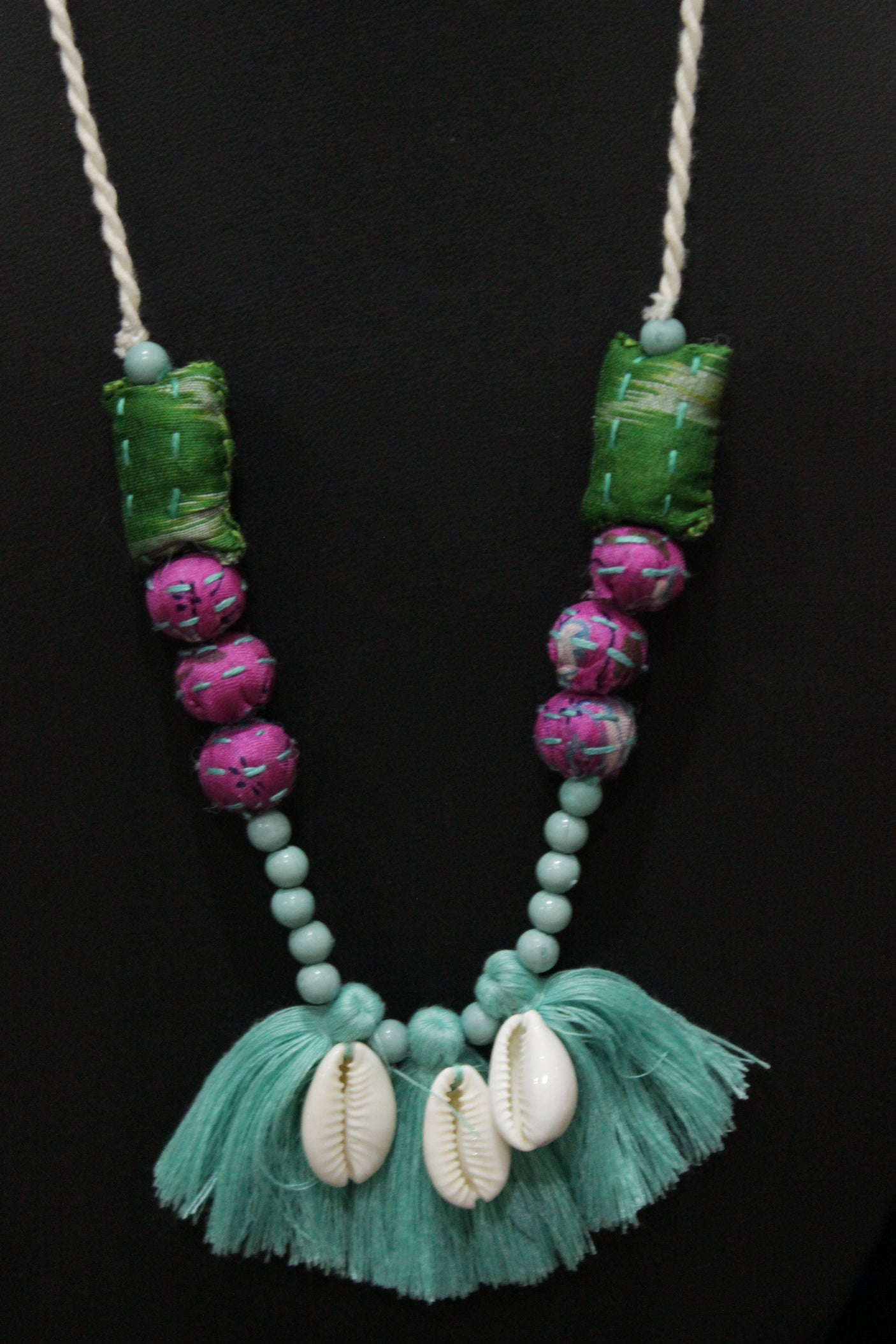 Handcrafted Kantha Work Multi-Color Fabric Necklace Embellished with Shells