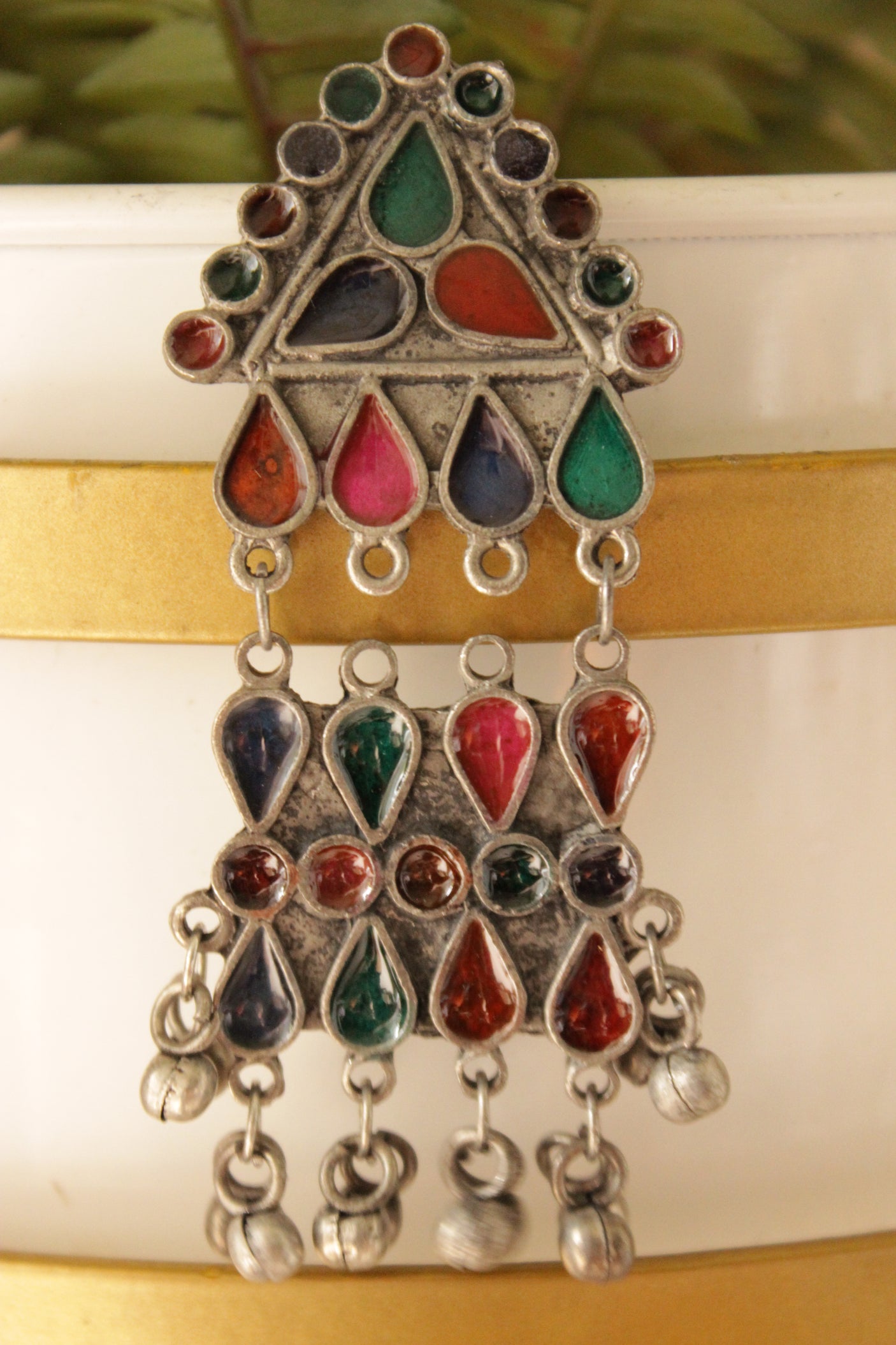 Multi-Color Rhinestones Embedded Oxidised Finish Statement Long Afghani Earrings