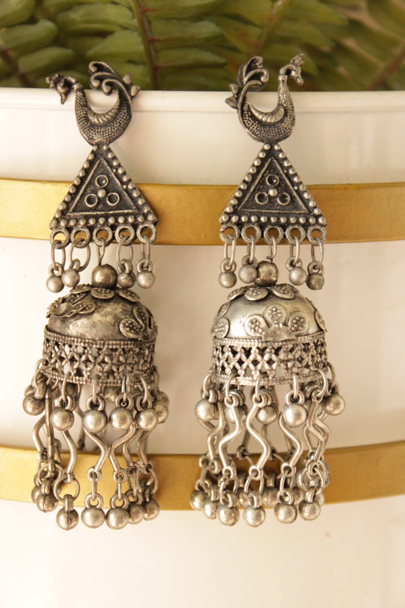 Peacock Motif Oxidised Finish Long Dangler Jhumka Earrings