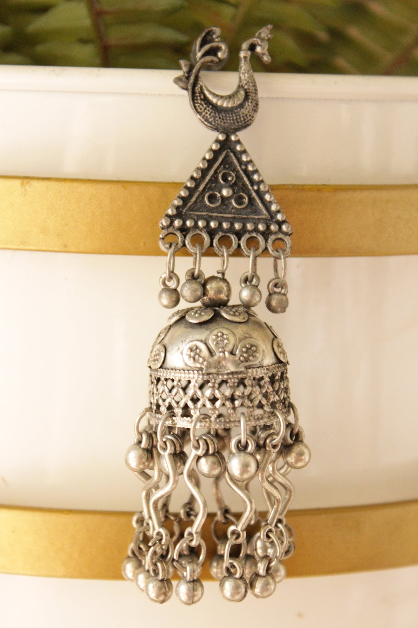 Peacock Motif Oxidised Finish Long Dangler Jhumka Earrings