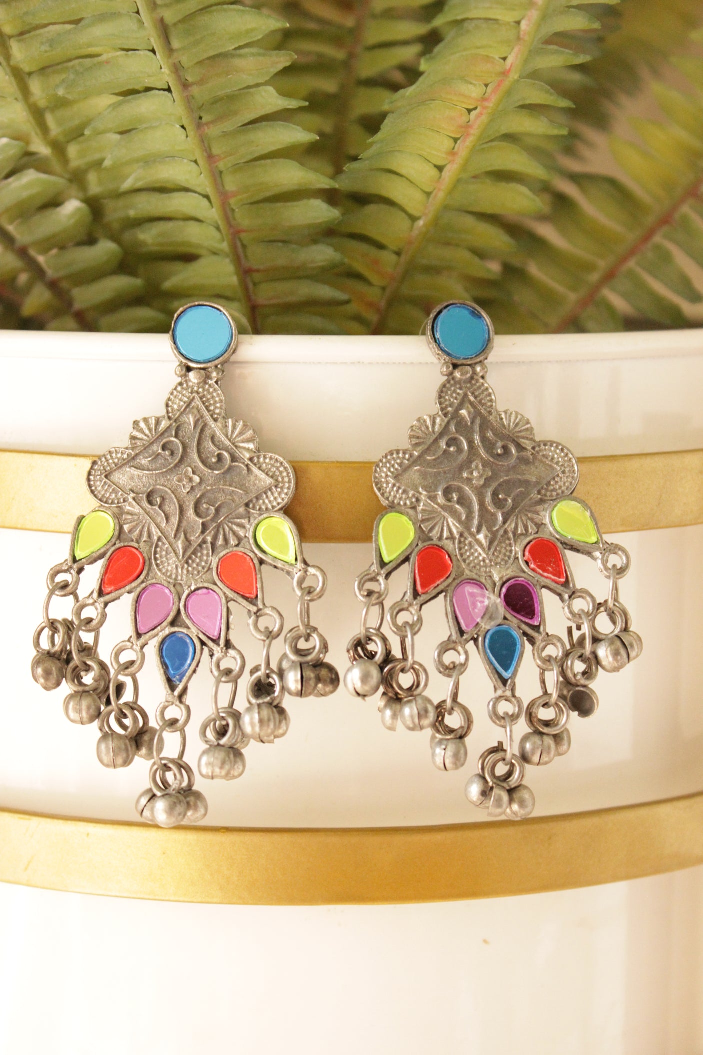 Multi-Color Glass Stones Embedded Oxidised Finish Afghani Earrings