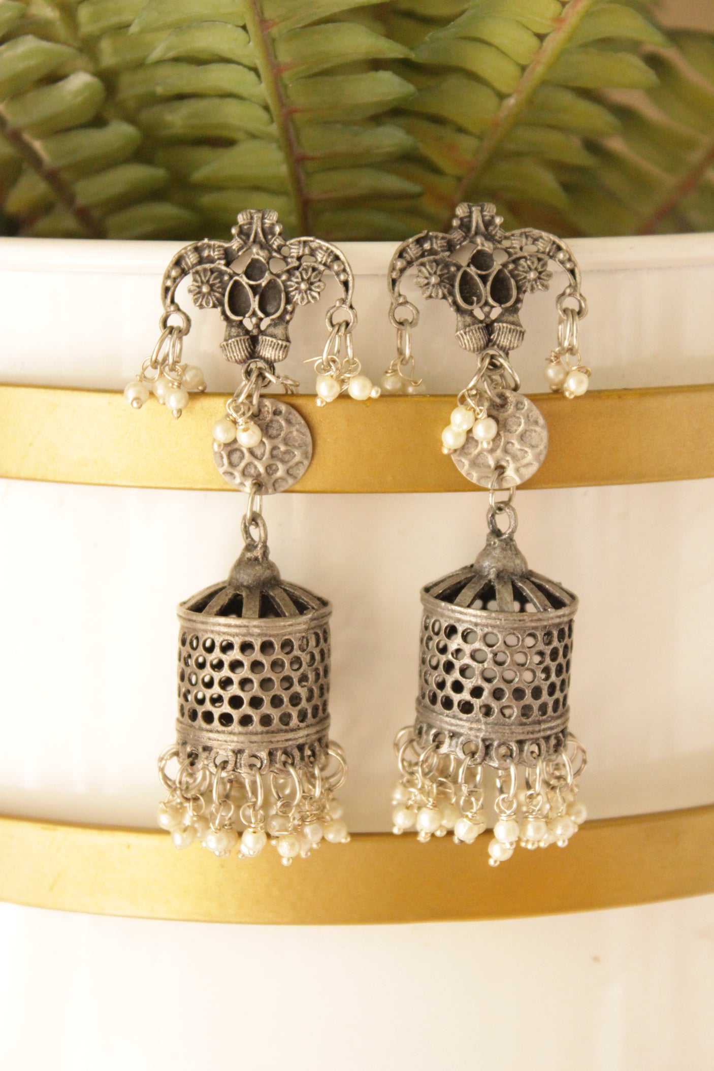 Lantern Shape Oxidised Finish Statement Long Dangler Earrings Accentuated with White Beads