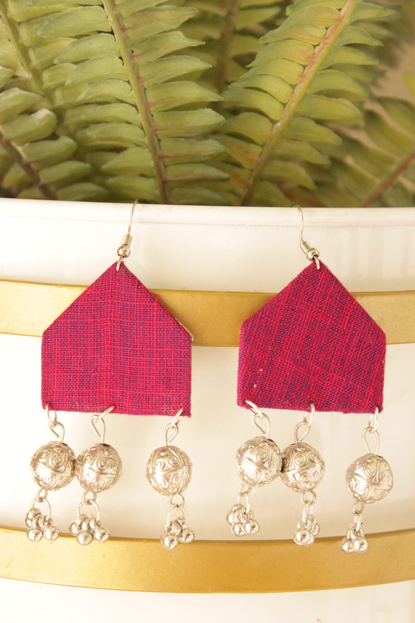 Fabric Earrings Accentuated with Silver Finish Metal Charms