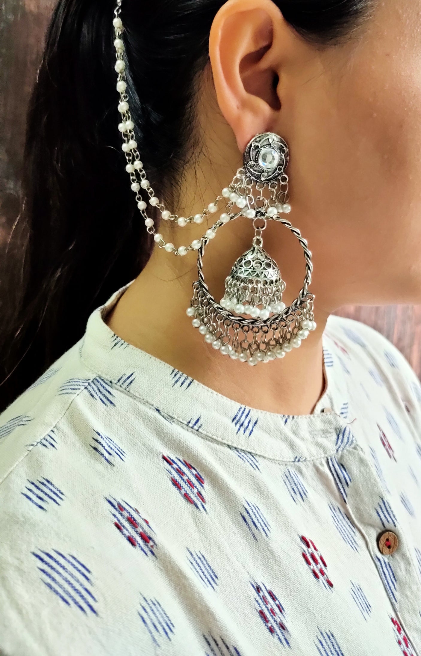 Concentric Circles Dangler Earrings with Ear Chain