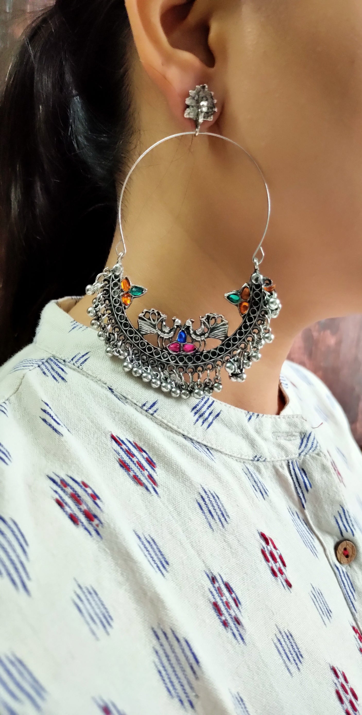 Peacock Detailing Chandbali with Multi-Color Rhinestones