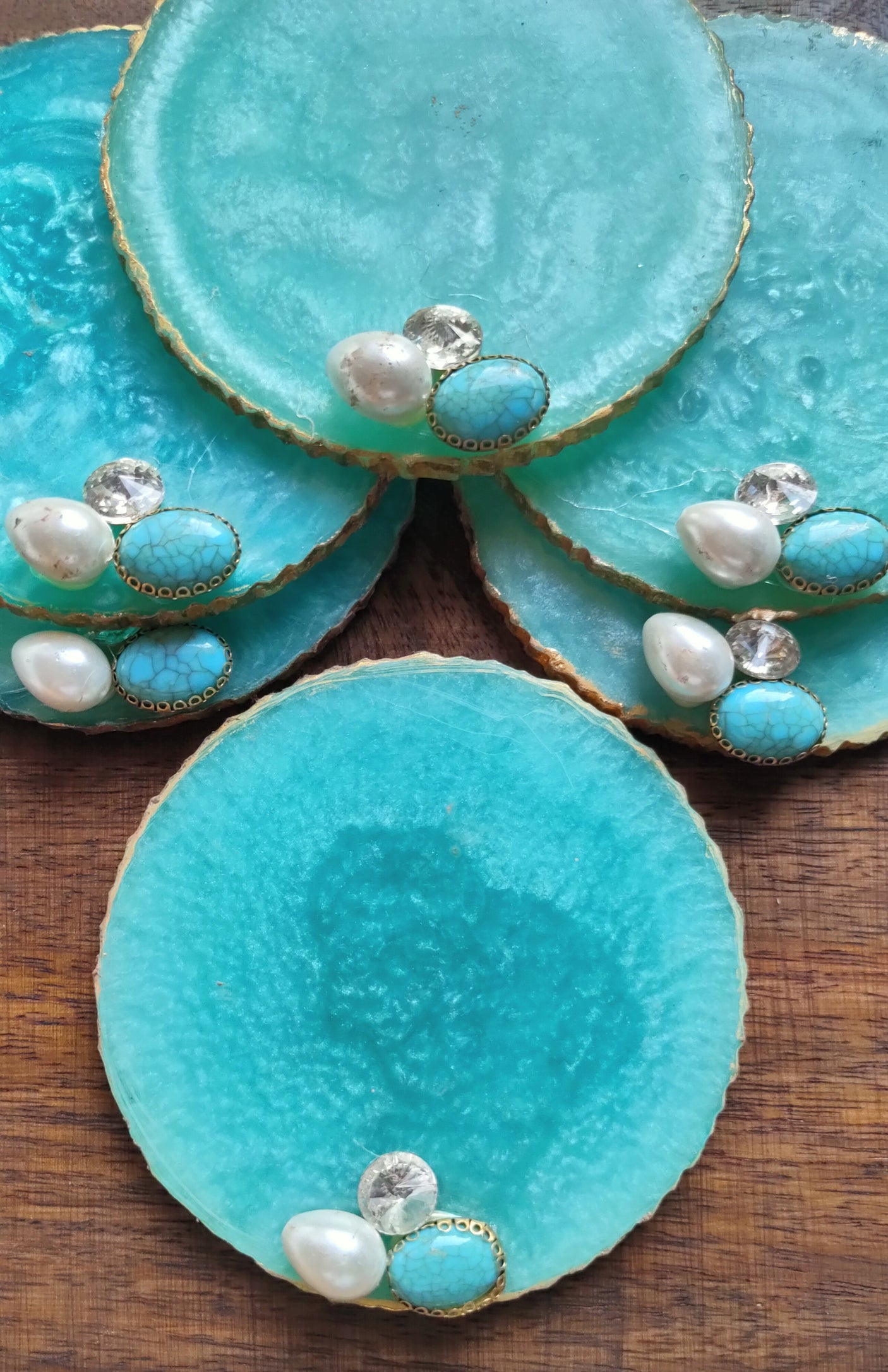 Sky Blue Coasters with Gold Detailing and Stones (Set of 6)