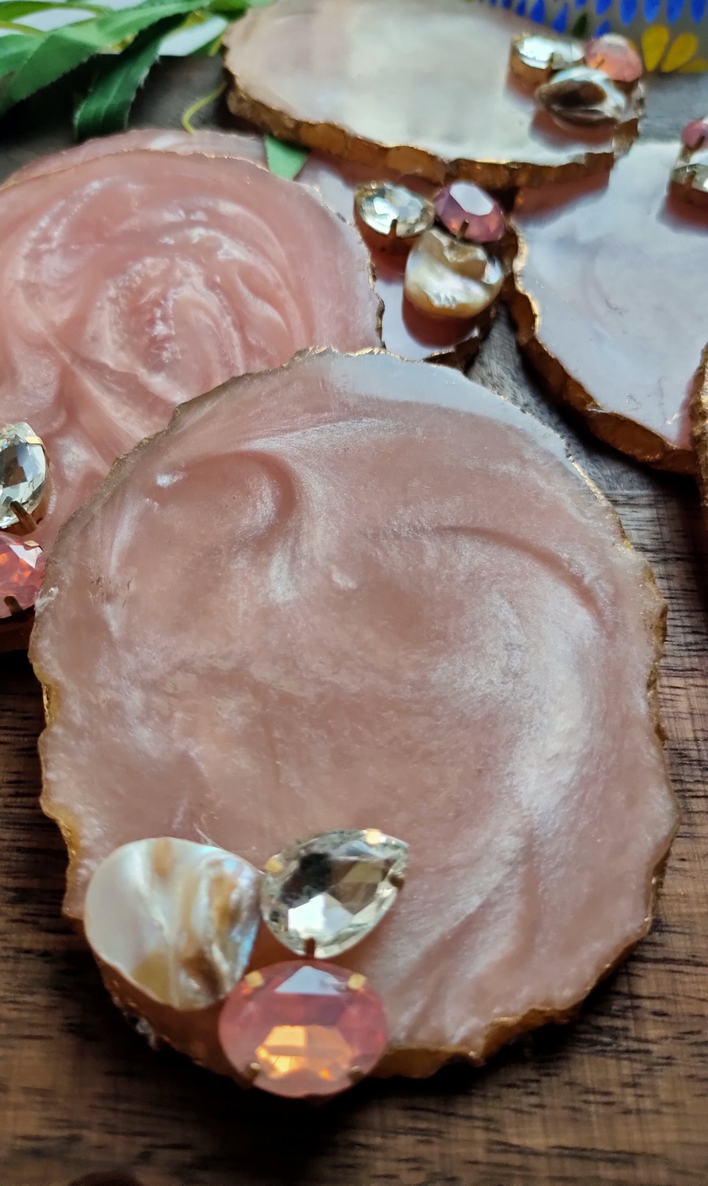 Peach Coasters with Gold Detailing and Stones (Set of 6)