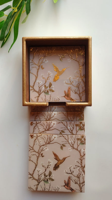 Wooden Coasters and Case with Gold Enamel Painted Nature Motifs (Set of 6)