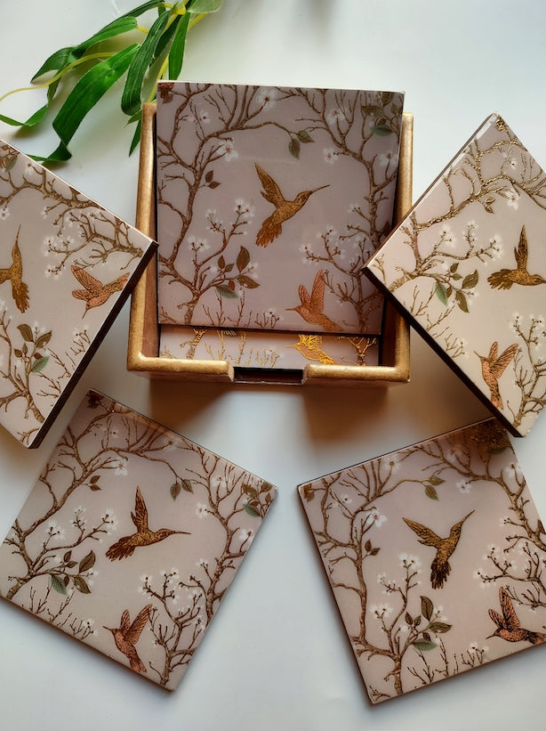 Wooden Coasters and Case with Gold Enamel Painted Nature Motifs (Set of 6)