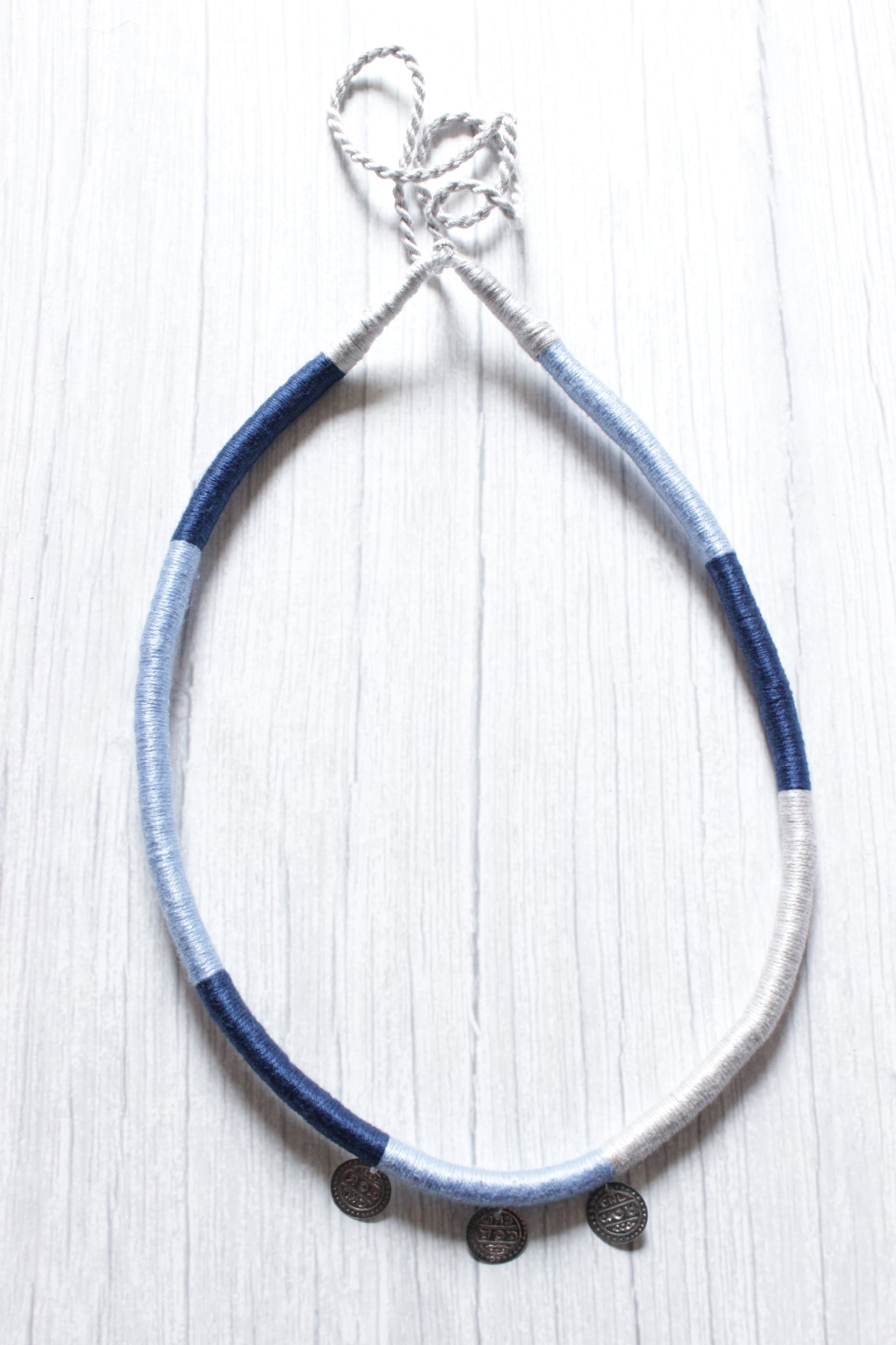 Elegant Minimalist Handcrafted Shades of Blue Choker with Stamped Coins