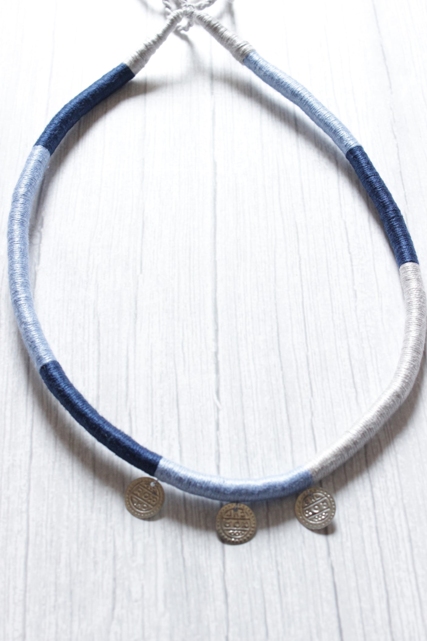 Elegant Minimalist Handcrafted Shades of Blue Choker with Stamped Coins