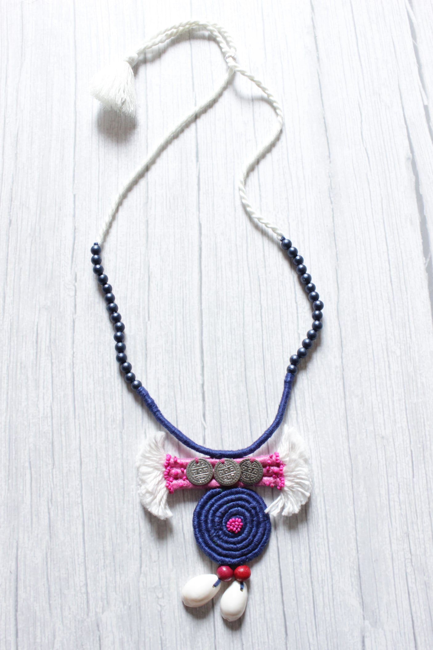 Elegant Handcrafted Fabric & Rope Necklace Embellished with Glass Beads and Shells