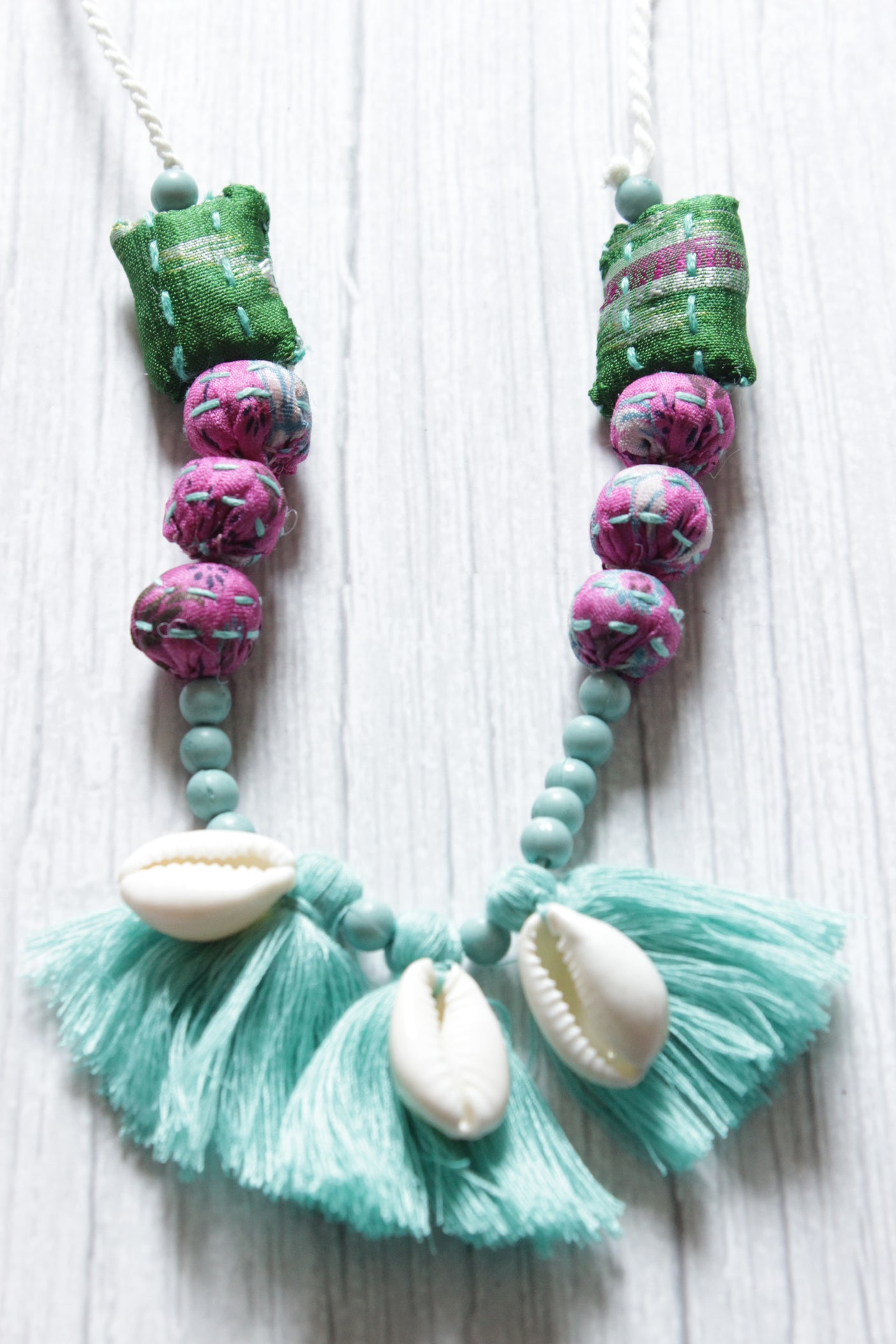 Handcrafted Kantha Work Multi-Color Fabric Necklace Embellished with Shells