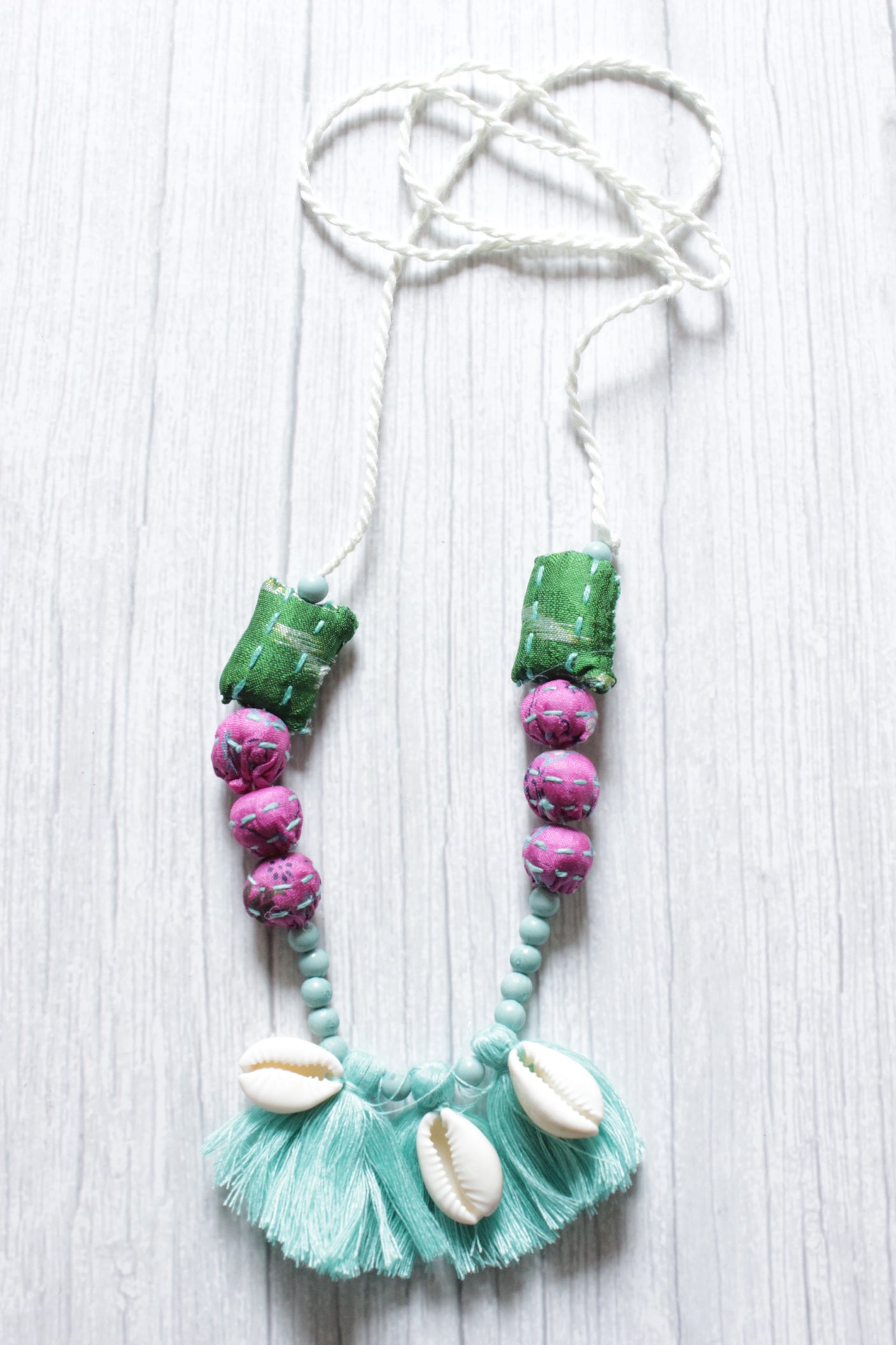 Handcrafted Kantha Work Multi-Color Fabric Necklace Embellished with Shells