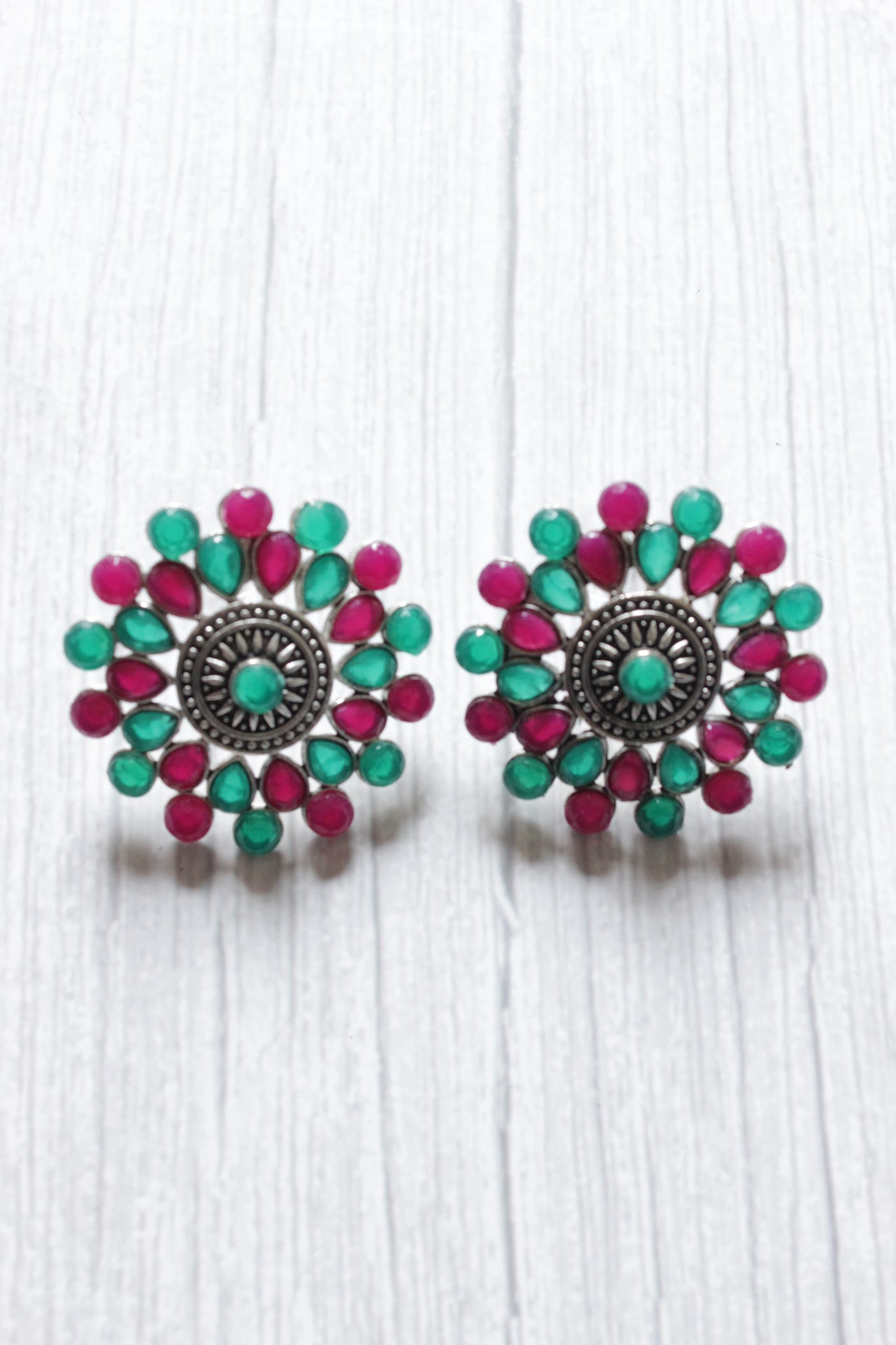 Vibrant Pink and Green Glass Stones Embedded Stud Earrings