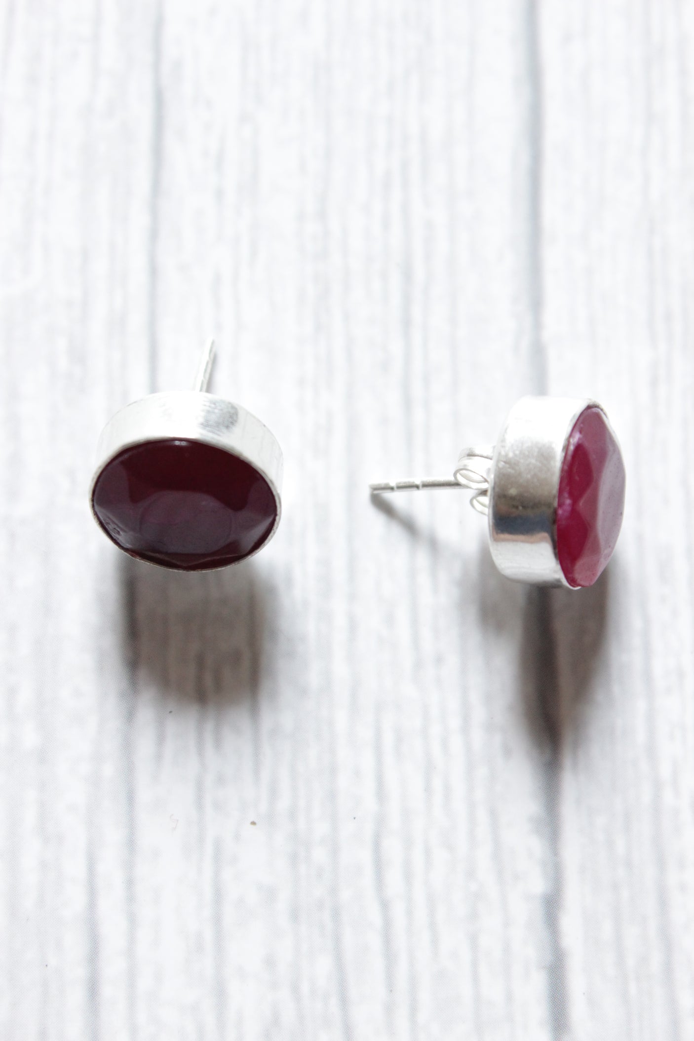 Pink Natural Gemstones Embedded Silver Plated Stud Earrings