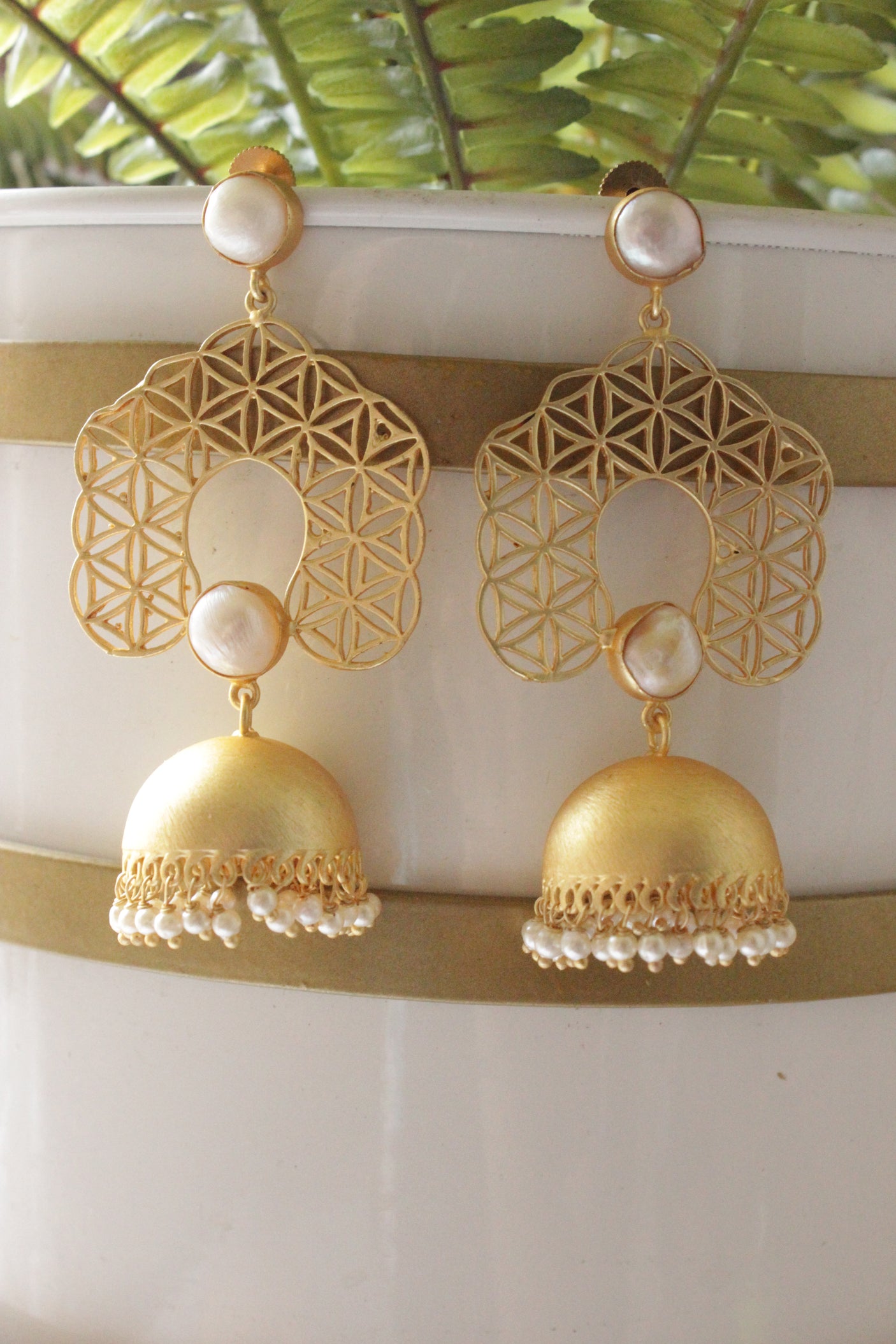 Outstanding River Pearl Gold Plated Intricately Detailed Jhumka Earrings