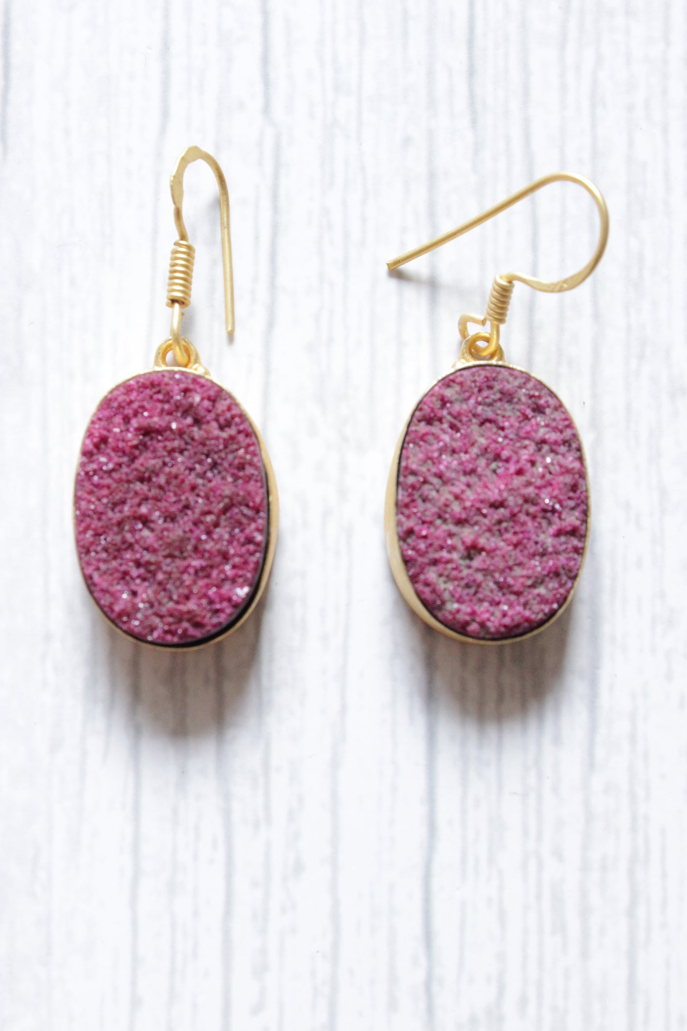 Pink Titanium Druzy Natural Gemstone Gold Plated Hook Earrings