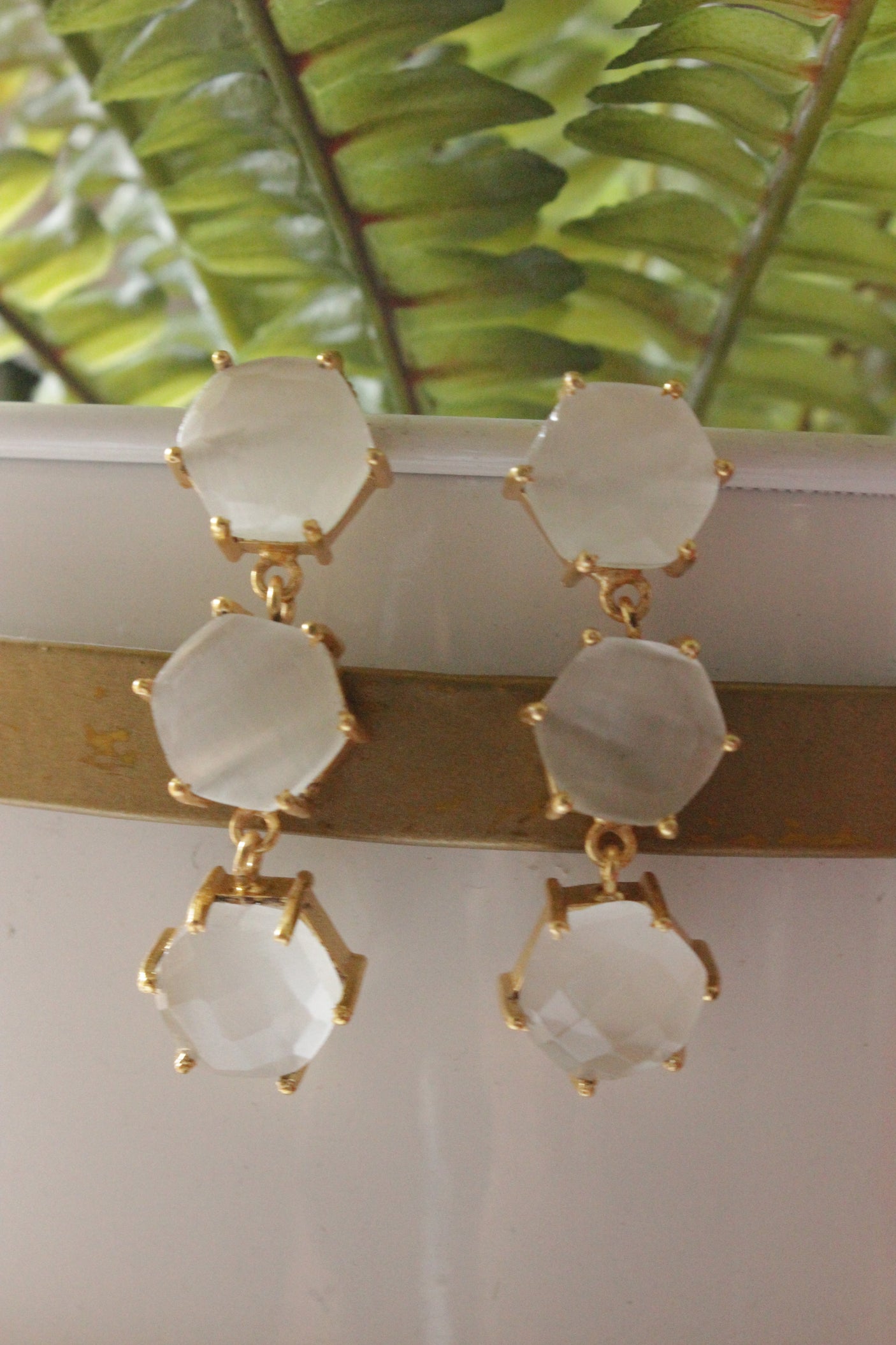 White Natural Hexagon Gemstone Gold Plated 3-Layer Dangler Earrings