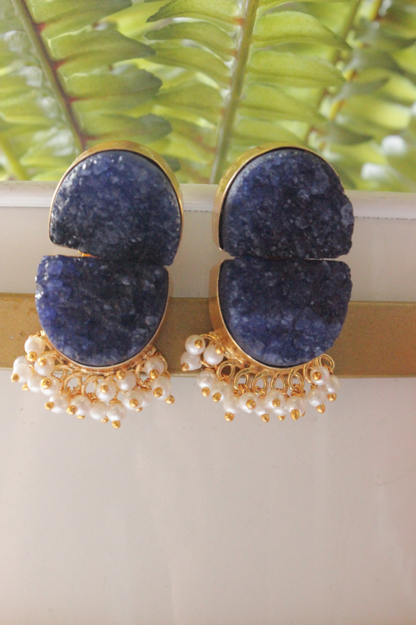 Purple Titanium Natural Druzy Gemstone Gold Plated D Shape Stud Earrings