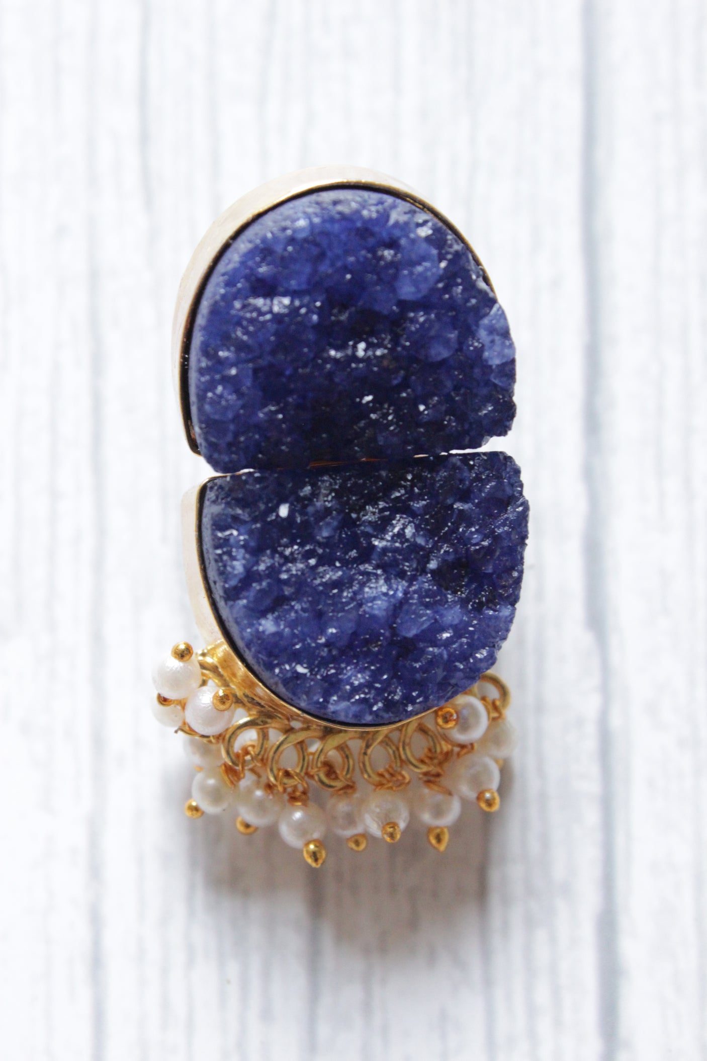 Purple Titanium Natural Druzy Gemstone Gold Plated D Shape Stud Earrings