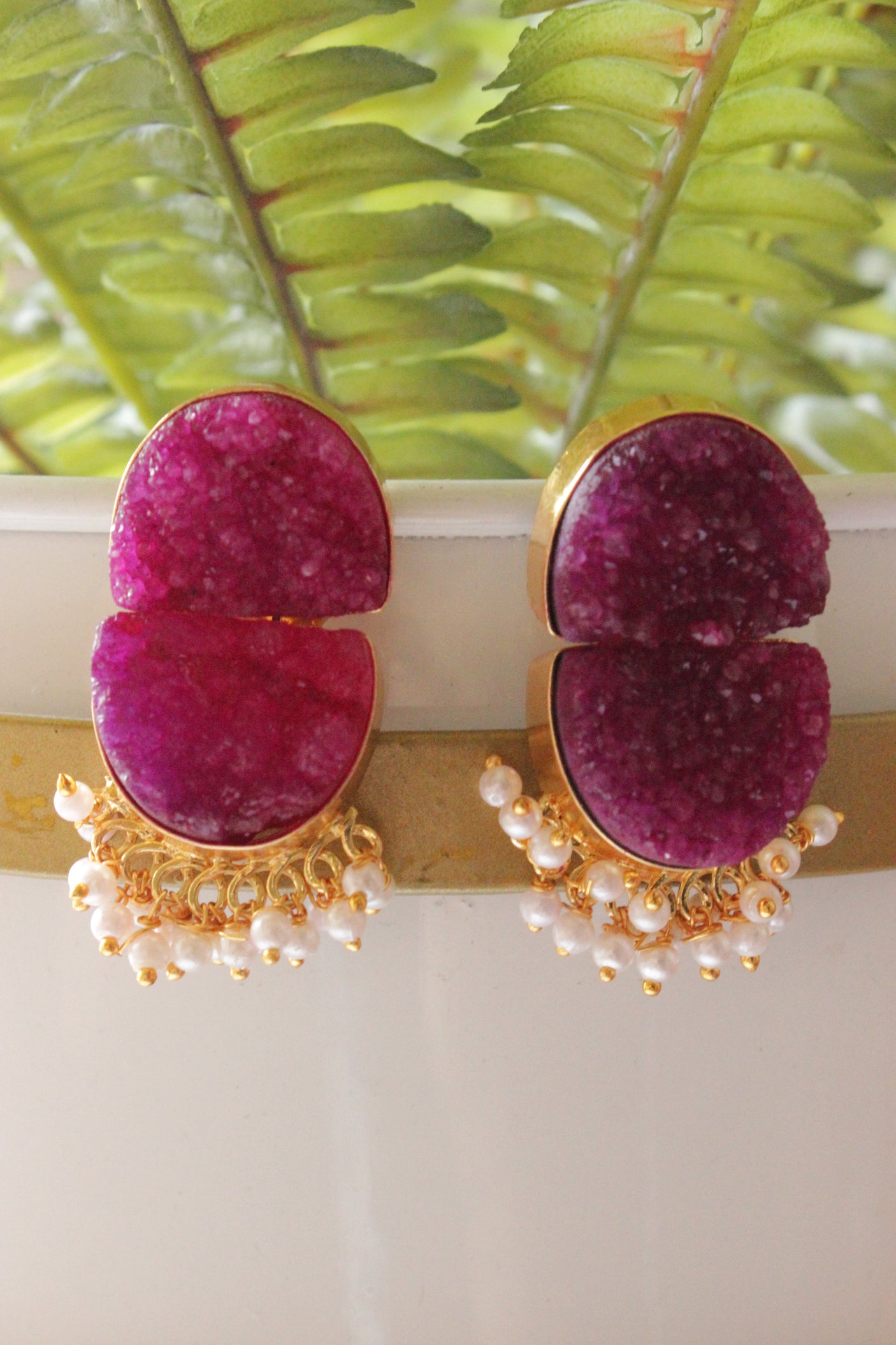 Pink Titanium Natural Druzy Gemstone Gold Plated D Shape Stud Earrings