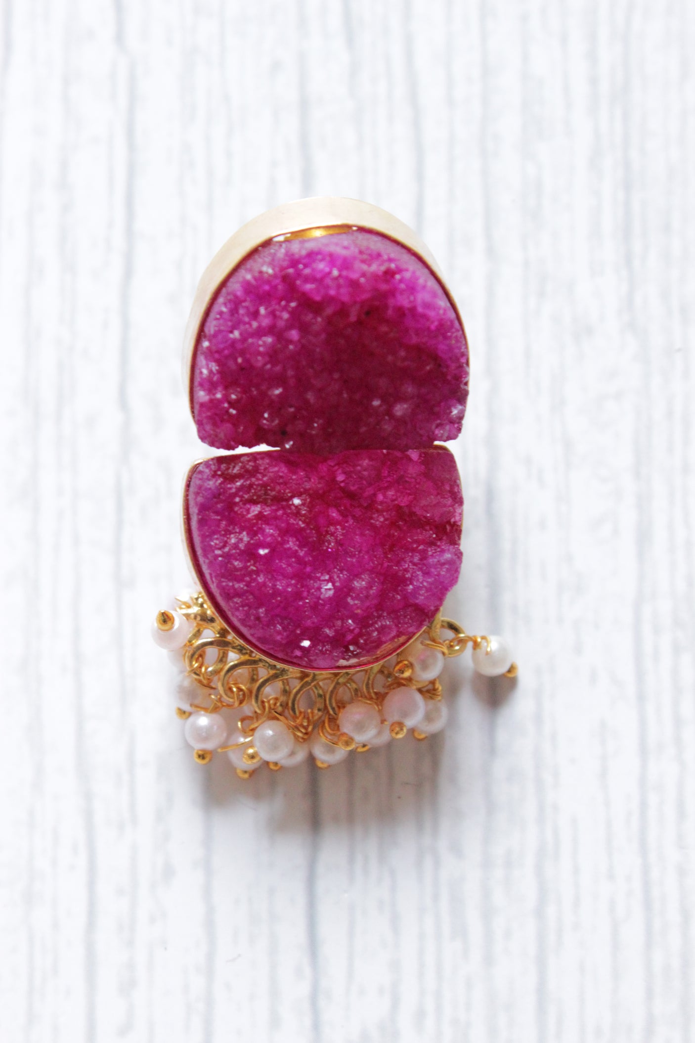 Pink Titanium Natural Druzy Gemstone Gold Plated D Shape Stud Earrings